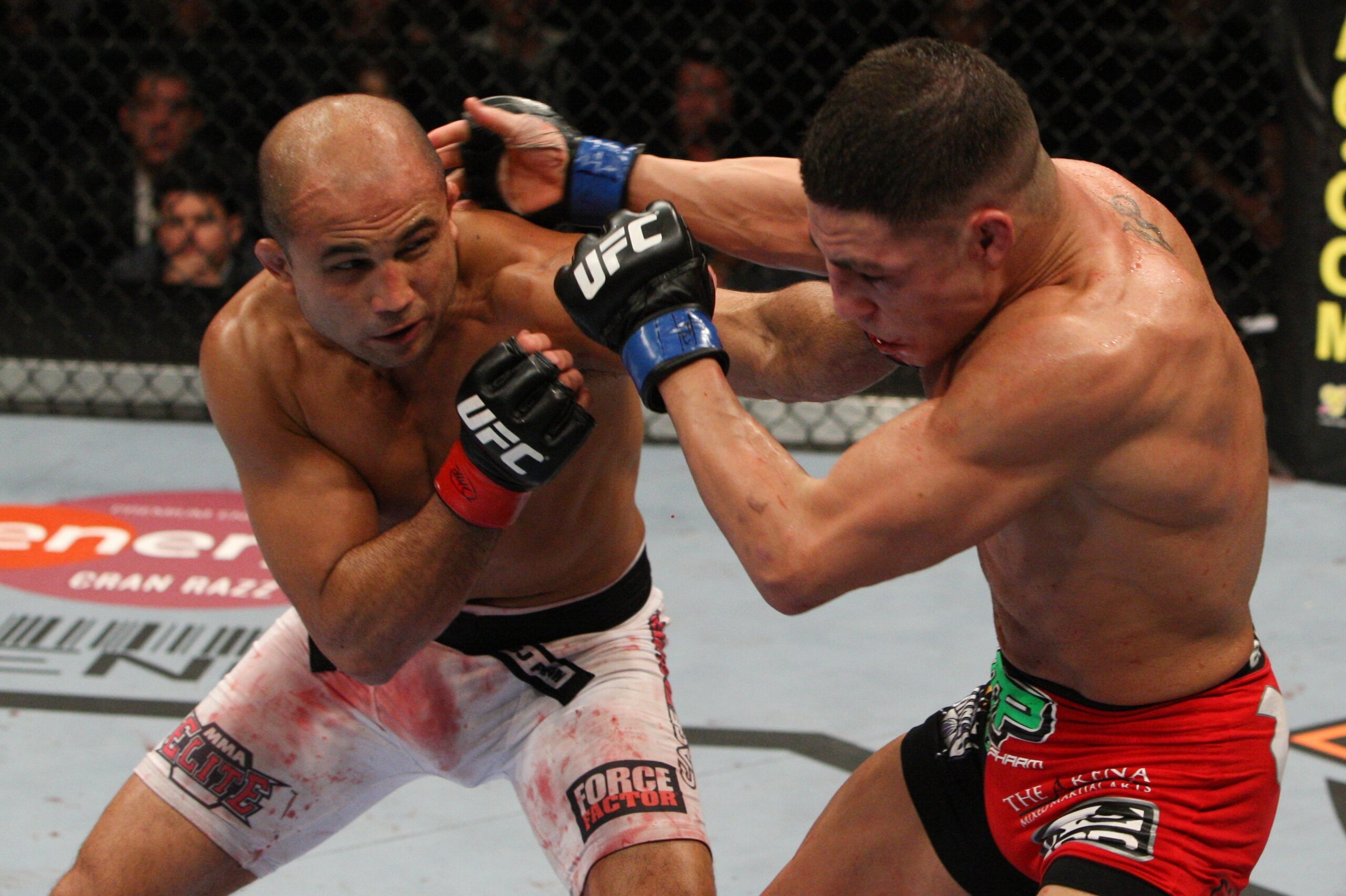 MEMPHIS, TN - DECEMBER 12:  BJ Penn (white shorts) def. Diego Sanchez (black/red shorts) - TKO - 2:37 round 5 during UFC 107 at FedExForum on December 12, 2009 in Memphis, Tennessee. (Photo by Josh Hedges/Zuffa LLC via Getty Images)