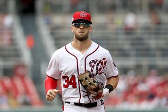 WASHINGTON, DC - JULY 22: Bryce Harper #34  of the Washington Nationals runs in from the outfield in the first inning Atlanta Braves at Nationals Park on July 22, 2018 in Washington, DC. (Photo by Rob Carr/Getty Images)