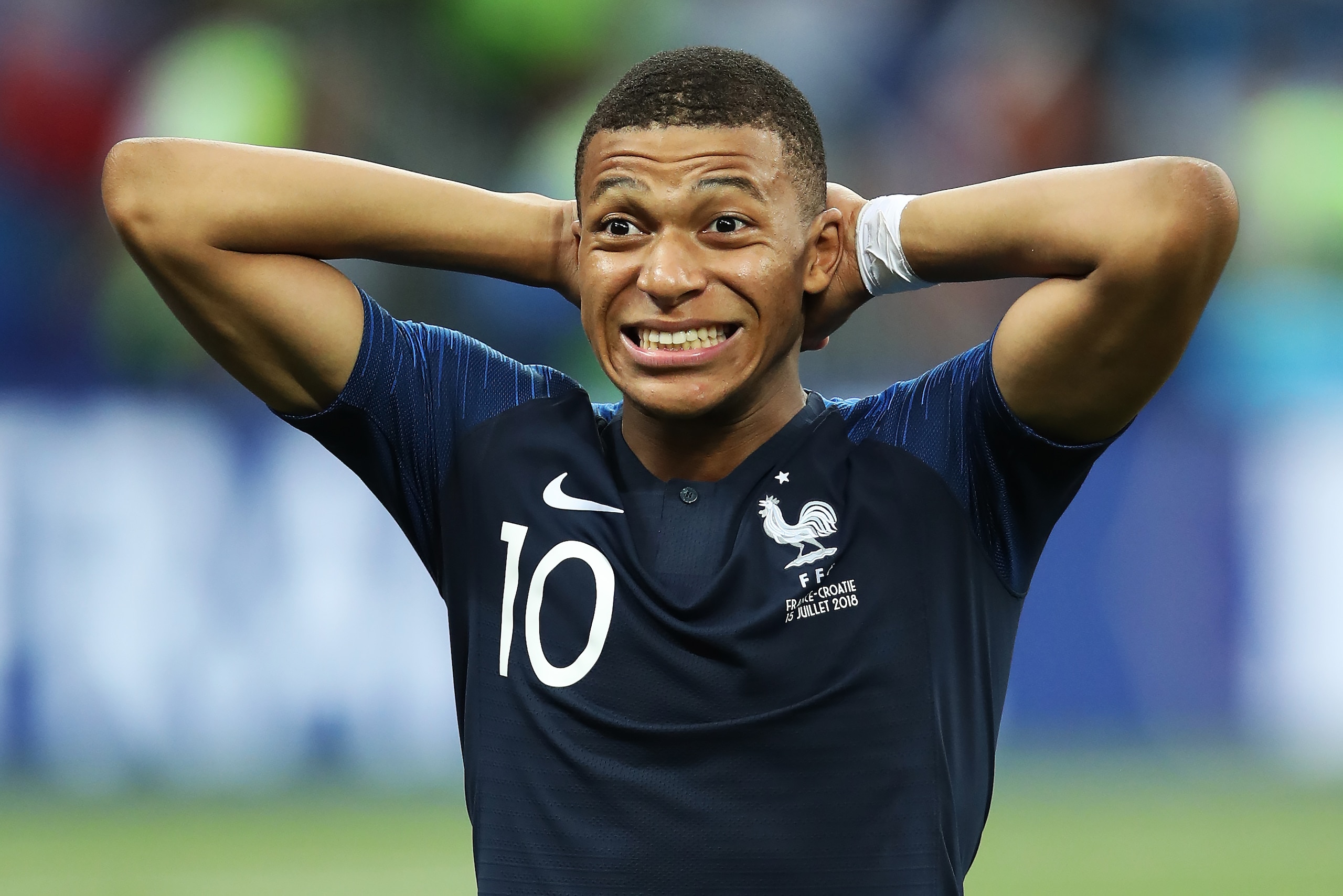 MOSCOW, RUSSIA - JULY 15: Kylian Mbappe of France is seen during the 2018 FIFA World Cup Russia Final between France and Croatia at Luzhniki Stadium on July 15, 2018 in Moscow, Russia. (Photo by Ian MacNicol/Getty Images)