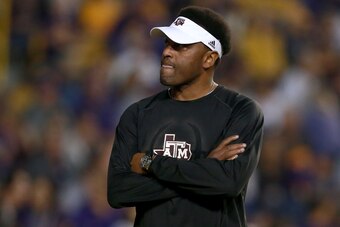BATON ROUGE, LA - NOVEMBER 25:  Head coach Kevin Sumlin of the Texas A&M Aggies walks on the field prior to a game against the LSU Tigers at Tiger Stadium on November 25, 2017 in Baton Rouge, Louisiana.  (Photo by Sean Gardner/Getty Images)