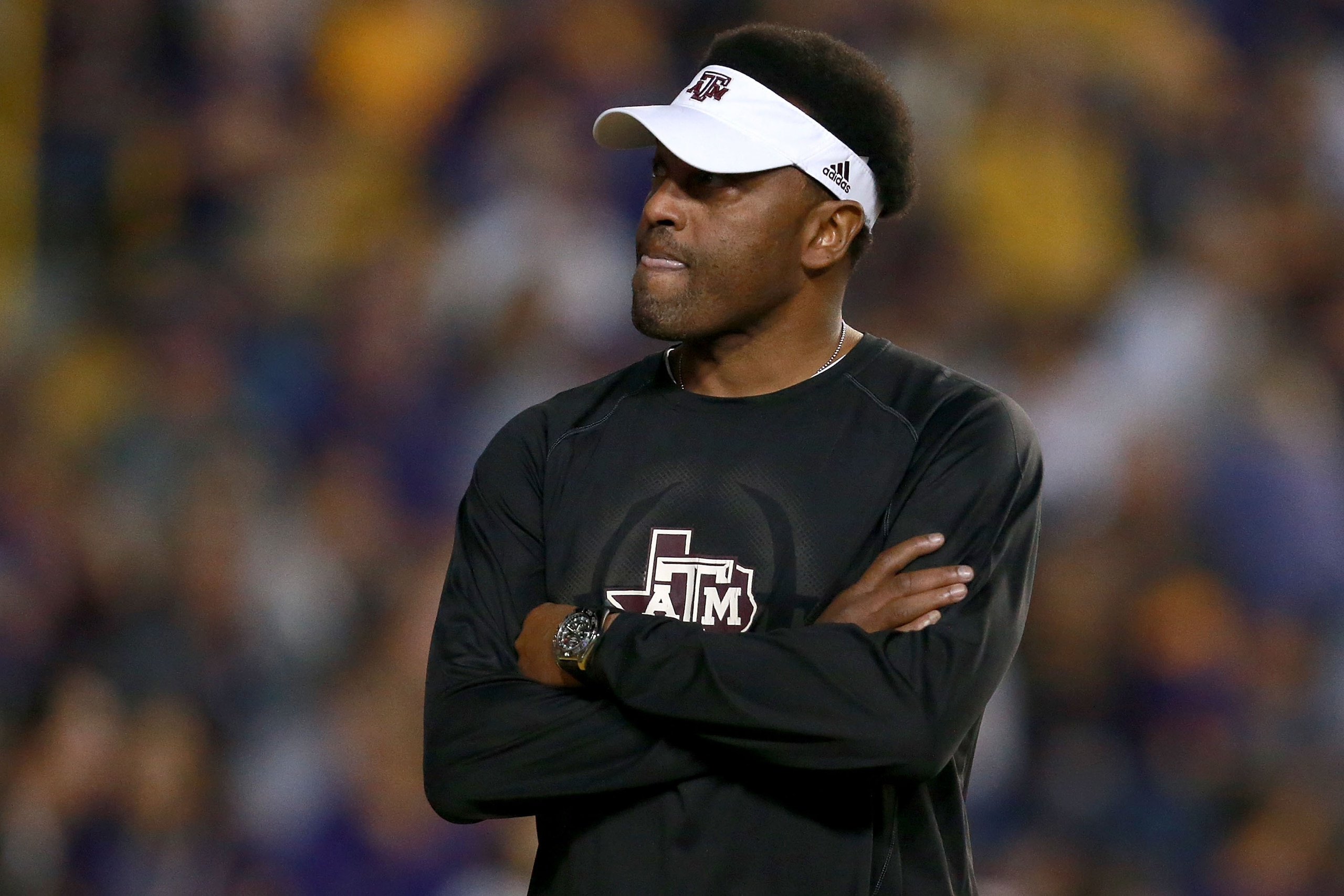 BATON ROUGE, LA - NOVEMBER 25:  Head coach Kevin Sumlin of the Texas A&M Aggies walks on the field prior to a game against the LSU Tigers at Tiger Stadium on November 25, 2017 in Baton Rouge, Louisiana.  (Photo by Sean Gardner/Getty Images)