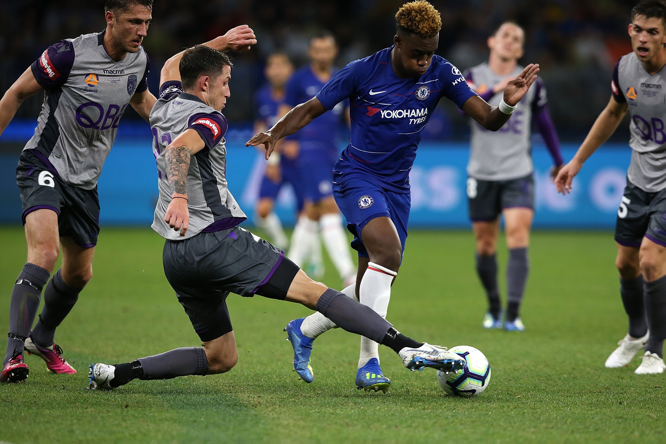 PERTH, AUSTRALIA - JULY 23: Scott Neville of the Glory challenges Callum Hudson-Odoi of Chelsea during the international friendly between Chelsea FC and Perth Glory at Optus Stadium on July 23, 2018 in Perth, Australia. (Photo by Paul Kane/Getty Images) PERTH, AUSTRALIA - JULY 23: Scott Neville of the Glory challenges Callum Hudson-Odoi of Chelsea during the international friendly between Chelsea FC and Perth Glory at Optus Stadium on July 23, 2018 in Perth, Australia. (Photo by Paul Kane/Getty Images)