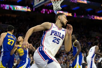 PHILADELPHIA, PA - NOVEMBER 18: Ben Simmons #25 of the Philadelphia 76ers runs down the floor after scoring against the Golden State Warriors at Wells Fargo Center on November 18, 2017 in Philadelphia,Pennsylvania. NOTE TO USER: User expressly acknowledge