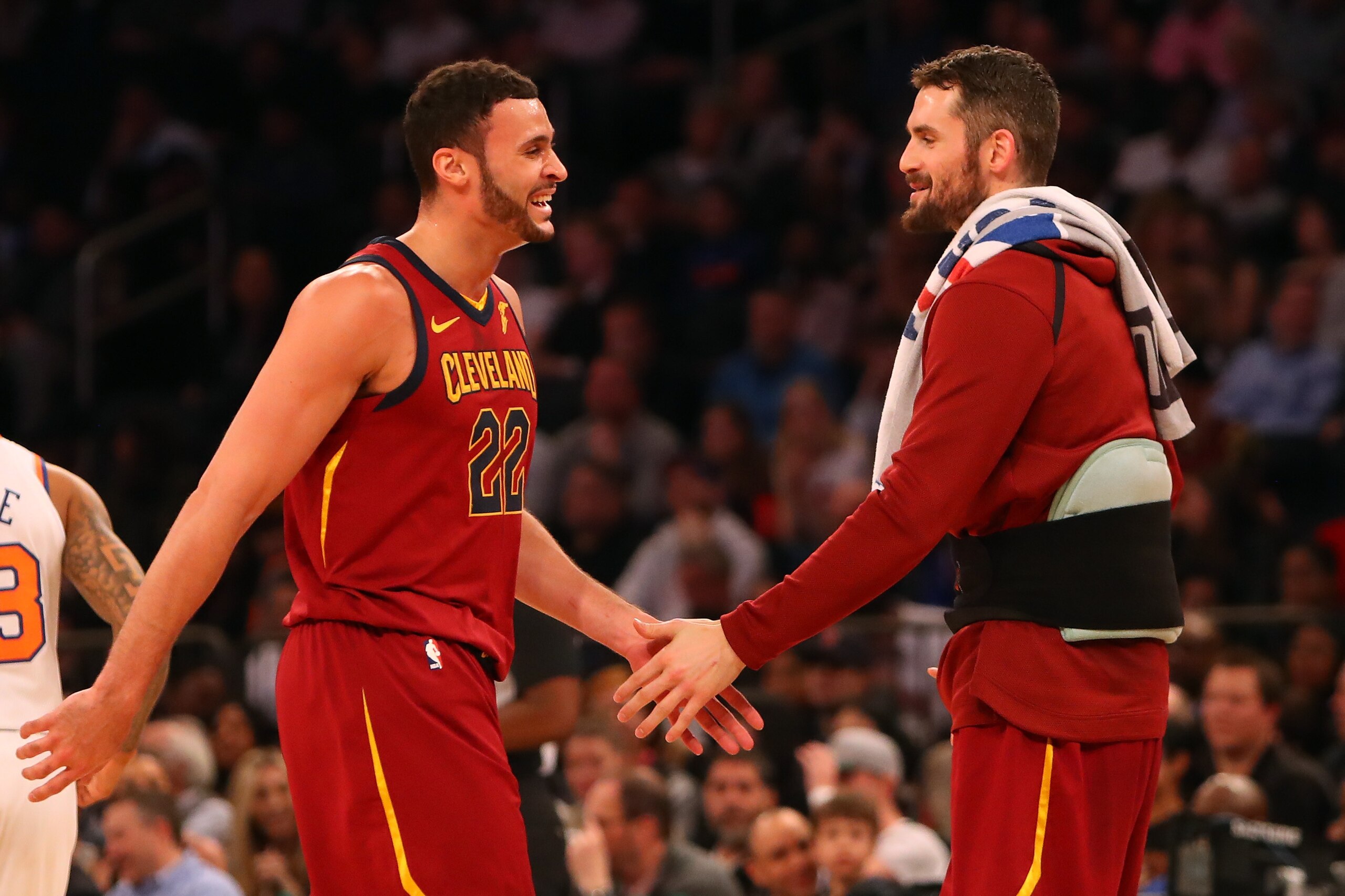 NEW YORK, NY - APRIL 09: Larry Nance Jr. #22 and Kevin Love #0 of the Cleveland Cavaliers react in the first half against the New York Knicks at Madison Square Garden on April 9, 2018 in New York City. NOTE TO USER: User expressly acknowledges and agrees 