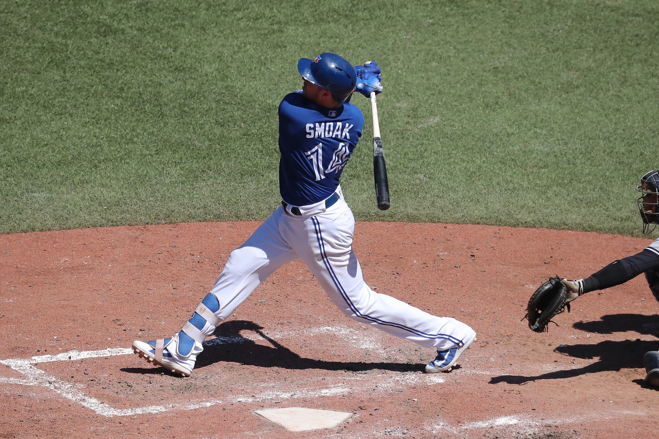 TORONTO, ON - JULY 8: Justin Smoak #14 of the Toronto Blue Jays hits a long foul ball to right field before grounding out later in the at bat in the eighth inning during MLB game action against the New York Yankees at Rogers Centre on July 8, 2018 in Toro TORONTO, ON - JULY 8: Justin Smoak #14 of the Toronto Blue Jays hits a long foul ball to right field before grounding out later in the at bat in the eighth inning during MLB game action against the New York Yankees at Rogers Centre on July 8, 2018 in Toro