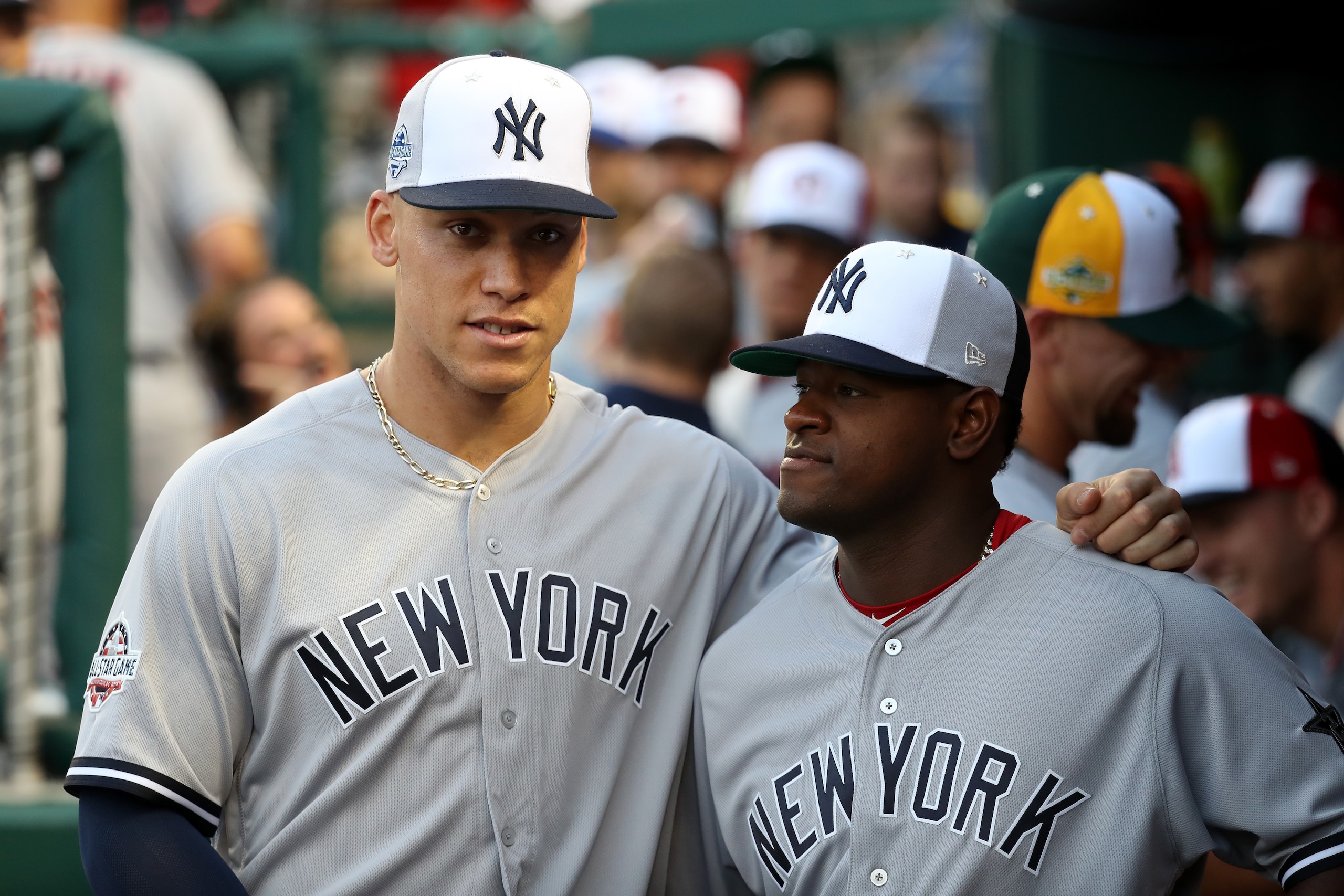 WASHINGTON, DC - JULY 17: Aaron Judge #99 of the New York Yankees and the American League and Luis Severino #40 of the New York Yankees and the American League look on during the 89th MLB All-Star Game, presented by Mastercard at Nationals Park on July 1 WASHINGTON, DC - JULY 17: Aaron Judge #99 of the New York Yankees and the American League and Luis Severino #40 of the New York Yankees and the American League look on during the 89th MLB All-Star Game, presented by Mastercard at Nationals Park on July 1