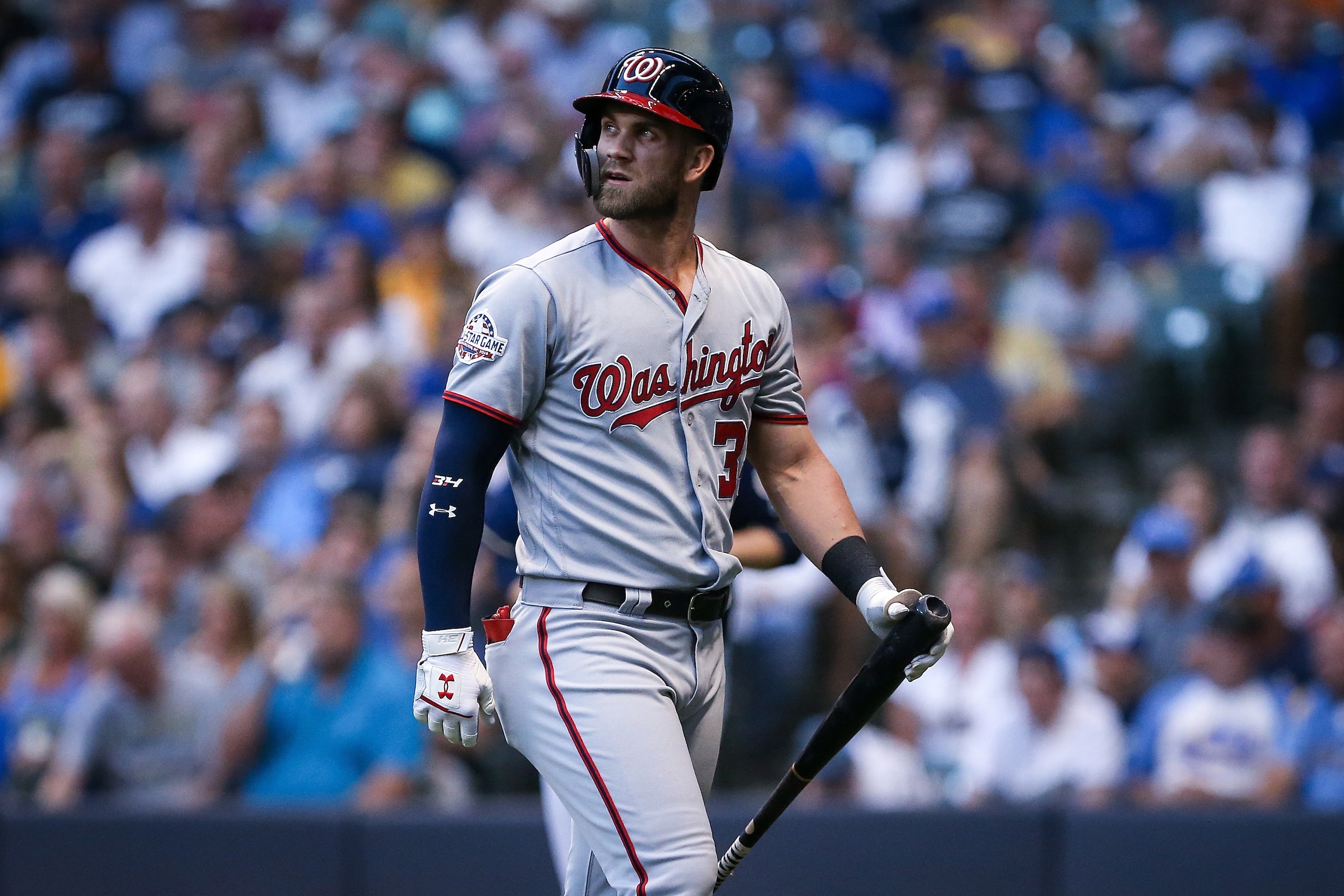 MILWAUKEE, WI - JULY 23: Bryce Harper #34 of the Washington Nationals walks back to the dugout after striking out in the third inning against the Milwaukee Brewers at Miller Park on July 23, 2018 in Milwaukee, Wisconsin. (Photo by Dylan Buell/Getty Imag MILWAUKEE, WI - JULY 23: Bryce Harper #34 of the Washington Nationals walks back to the dugout after striking out in the third inning against the Milwaukee Brewers at Miller Park on July 23, 2018 in Milwaukee, Wisconsin. (Photo by Dylan Buell/Getty Imag