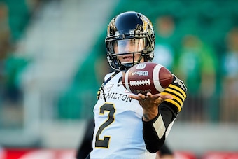 REGINA, SK - JULY 05:  Johnny Manziel #2 of the Hamilton Tiger-Cats on the field during pregame warmup before the game between the Hamilton Tiger-Cats and Saskatchewan Roughriders at Mosaic Stadium on July 5, 2018 in Regina, Canada. (Photo by Brent Just/G