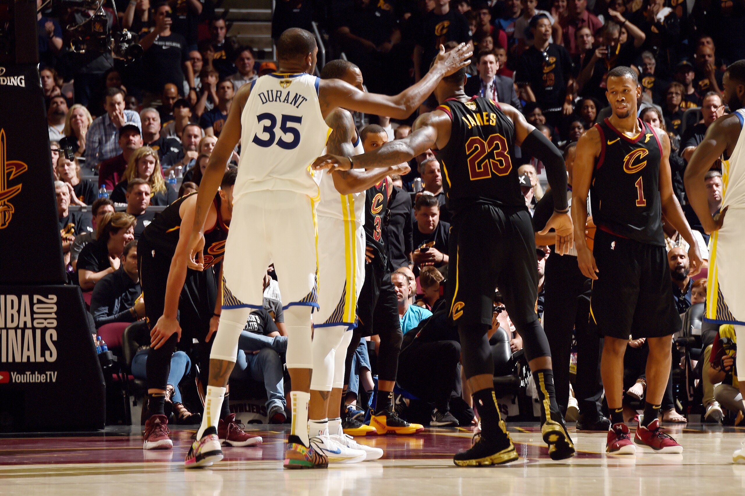 CLEVELAND, OH - JUNE 8: LeBron James #23 of the Cleveland Cavaliers and Kevin Durant #35 of the Golden State Warriors shake hands during Game Four of the 2018 NBA Finals on June 8, 2018 at Quicken Loans Arena in Cleveland, Ohio. NOTE TO USER: User express