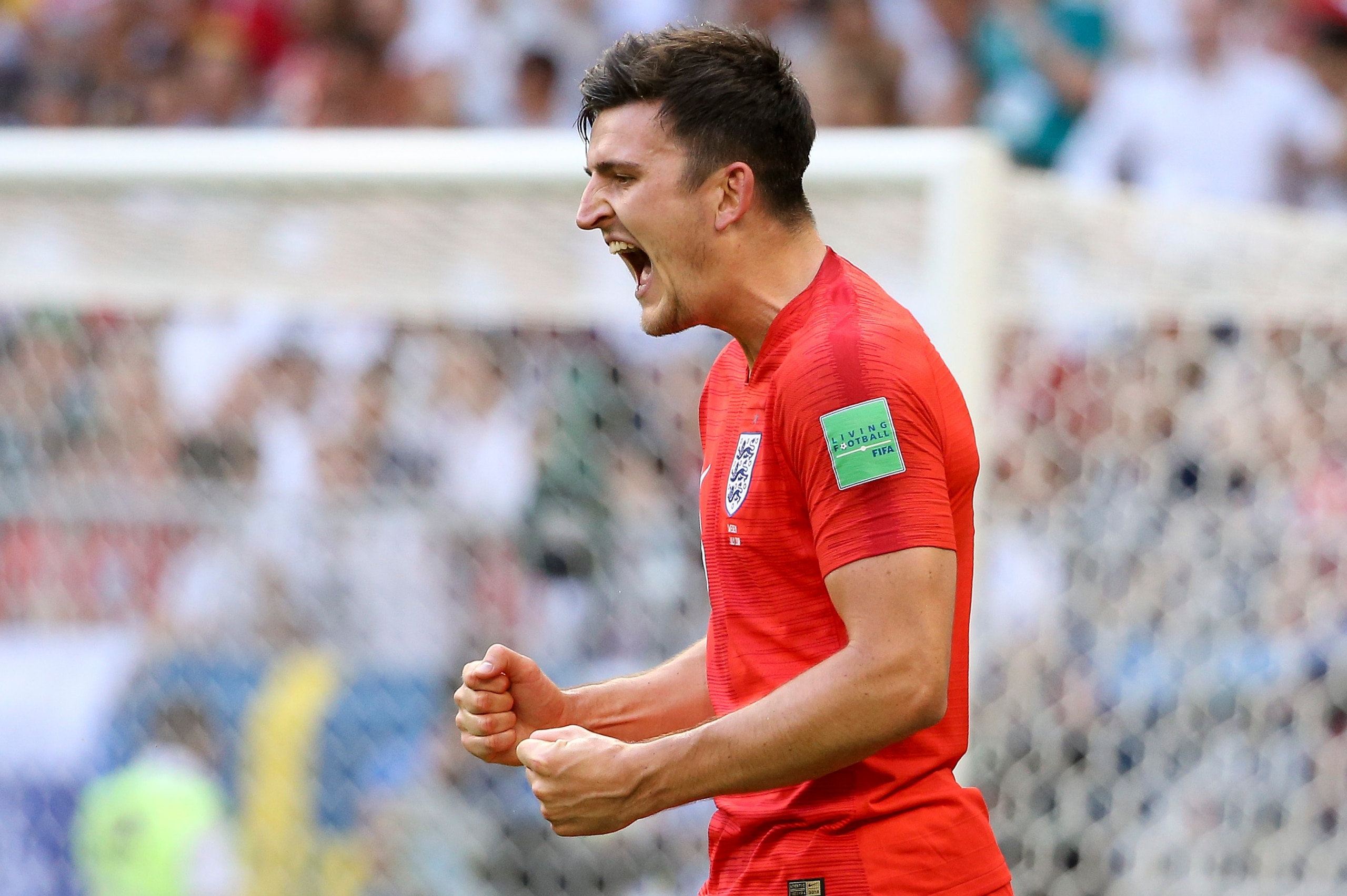 SAMARA, RUSSIA - JULY 7: Harry Maguire of England celebrates his goal during the 2018 FIFA World Cup Russia Quarter Final match between Sweden and England at Samara Arena on July 7, 2018 in Samara, Russia. (Photo by Jean Catuffe/Getty Images)