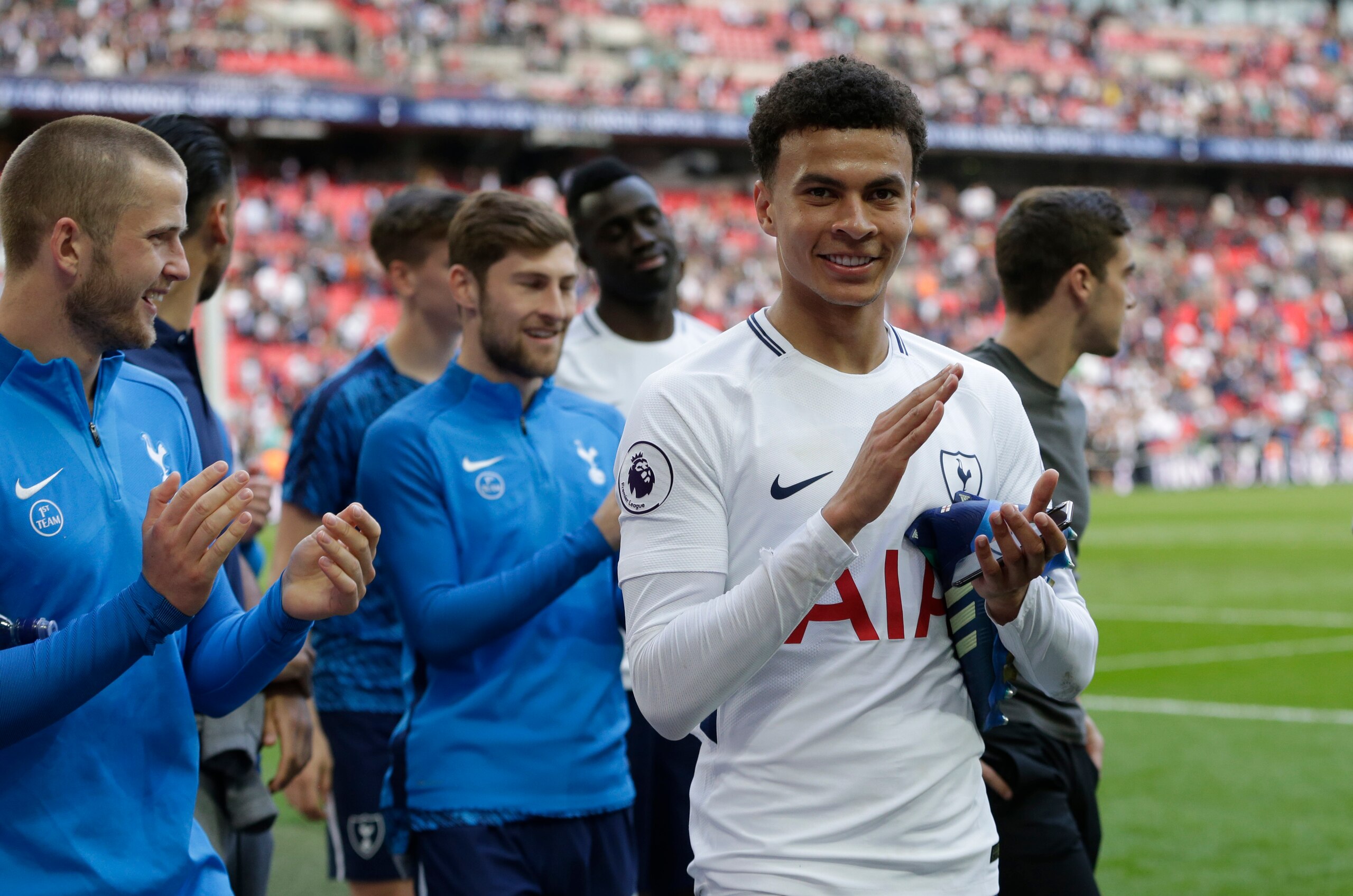 LONDON, ENGLAND - MAY 13:  Dele Alli of Tottenham Hotspur shows appreciation to the fans during the lap of honour after the Premier League match between Tottenham Hotspur and Leicester City at Wembley Stadium on May 13, 2018 in London, England.  (Photo by