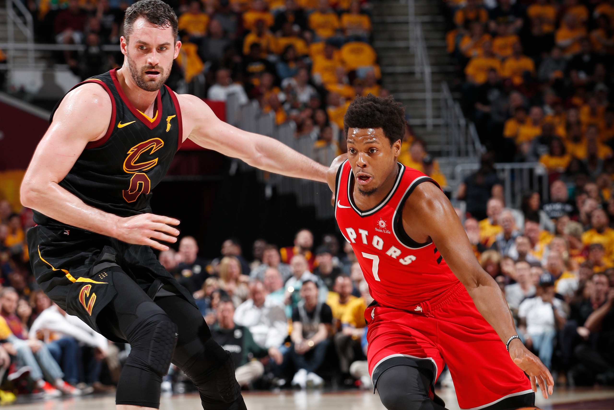 CLEVELAND, OH - MAY 7: Kyle Lowry #7 of the Toronto Raptors handles the ball against the Cleveland Cavaliers during Game Four of the Eastern Conference Semifinals of the 2018 NBA Playoffs on May 7, 2018 at Quicken Loans Arena in Cleveland, Ohio. NOTE TO U