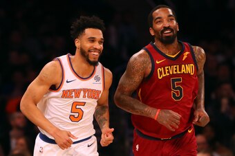 NEW YORK, NY - APRIL 09: Courtney Lee #5 of the New York Knicks and JR Smith #5 of the Cleveland Cavaliers react after a play in the first half at Madison Square Garden on April 9, 2018 in New York City. NOTE TO USER: User expressly acknowledges and agree