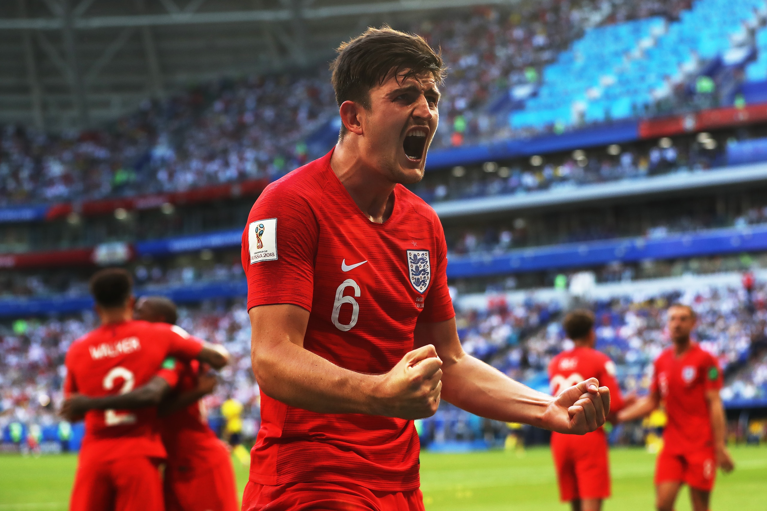 SAMARA, RUSSIA - JULY 07:  Harry Maguire of England celebrates after scoring his team's first goal during the 2018 FIFA World Cup Russia Quarter Final match between Sweden and England at Samara Arena on July 7, 2018 in Samara, Russia. (Photo by Ian MacNic
