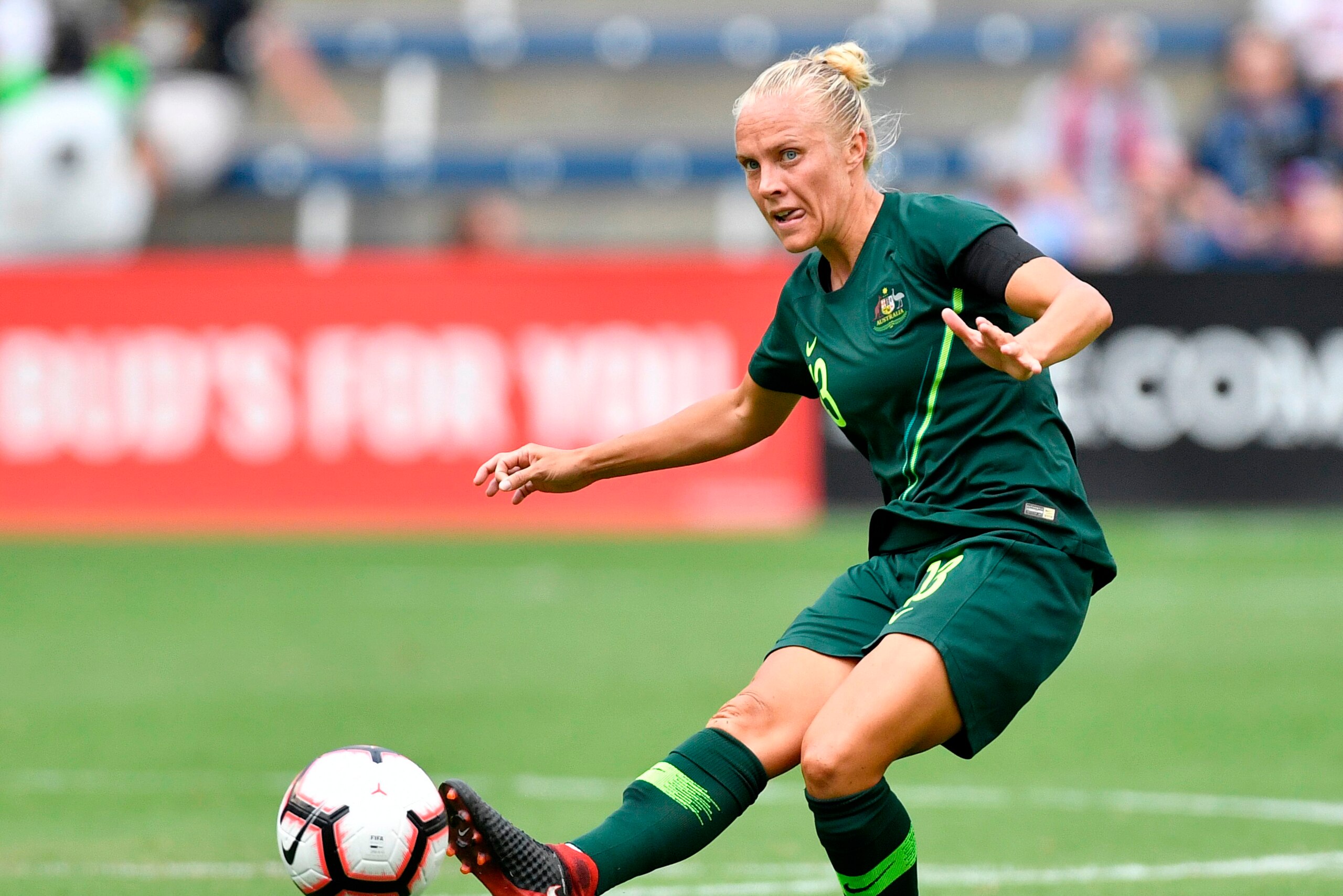 Tameka Butt of Australia hits the ball during the Tournament of Nations football match against Brazil at Children's Mercy Park in Kansas City, Kansas on July 26, 2018. (Photo by Tim Vizer / AFP)        (Photo credit should read TIM VIZER/AFP/Getty Images)