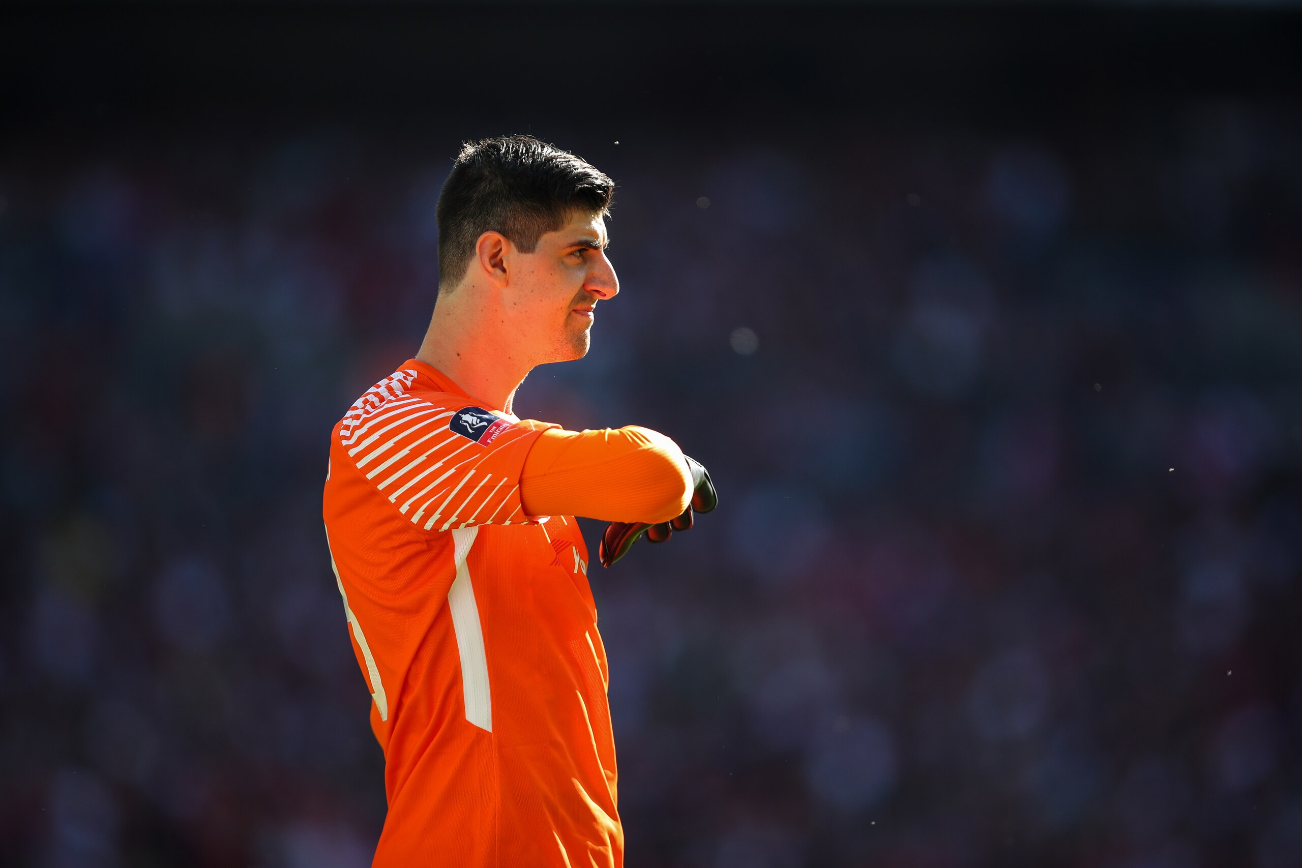 LONDON, ENGLAND - MAY 19: Thibaut Courtois of Chelsea during The Emirates FA Cup Final between Chelsea and Manchester United at Wembley Stadium on May 19, 2018 in London, England. (Photo by Robbie Jay Barratt - AMA/Getty Images)