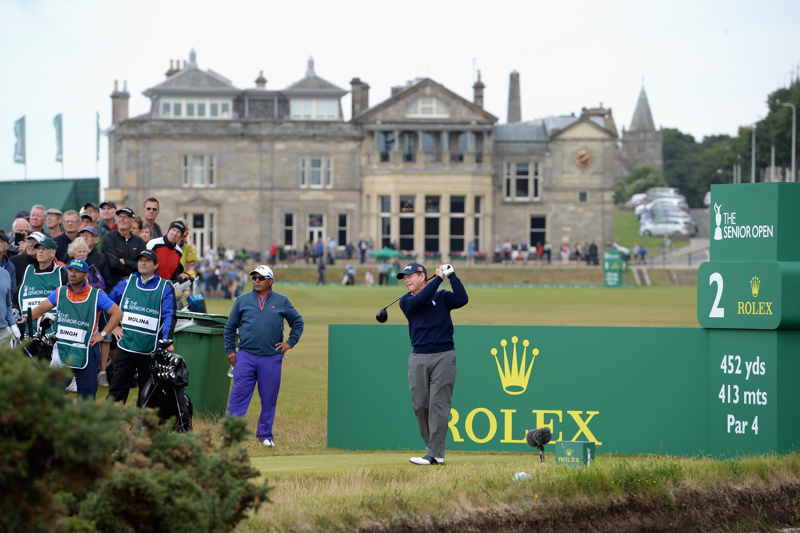 ST ANDREWS, SCOTLAND - JULY 28:  Tom Watson of the United States plays his first shot on the 2nd tee during Day Three of The Senior Open Presented by Rolex at The Old Course on July 28, 2018 in St Andrews, Scotland.  (Photo by Tony Marshall/Getty Images)