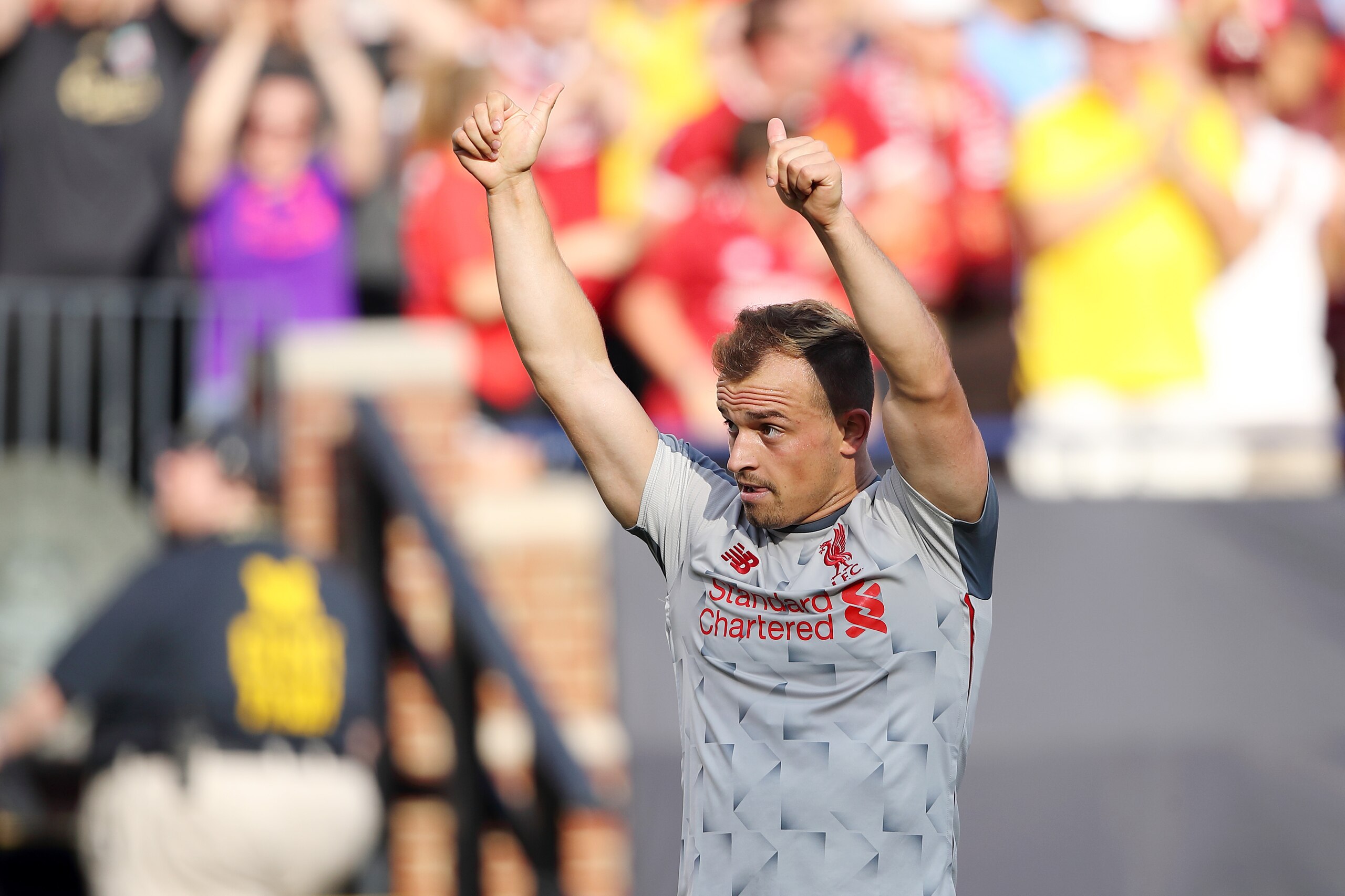 ANN ARBOR, MI - JULY 28: Xherdan Shaqiri of Liverpool celebrates after scoring a goal to make it 4-1 during the International Champions Cup 2018 match between Manchester Untied and Liverpool at Michigan Stadium on July 28, 2018 in Ann Arbor, Michigan. (Ph