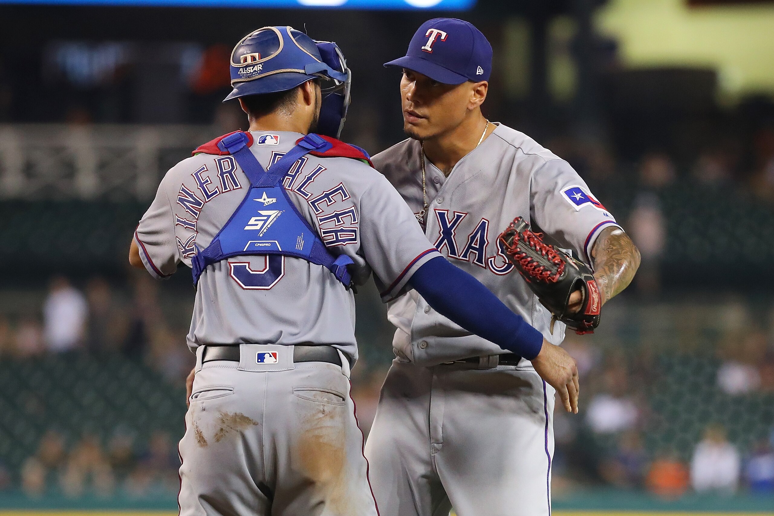 DETROIT, MI - JULY 05: Keone Kela #50 of the Texas Rangers celebrates a 7-5 win over the Detroit Tigers with Isiah Kiner-Falefa #9 at Comerica Park on July 5, 2018 in Detroit, Michigan. Texas won the game 7-5. (Photo by Gregory Shamus/Getty Images)