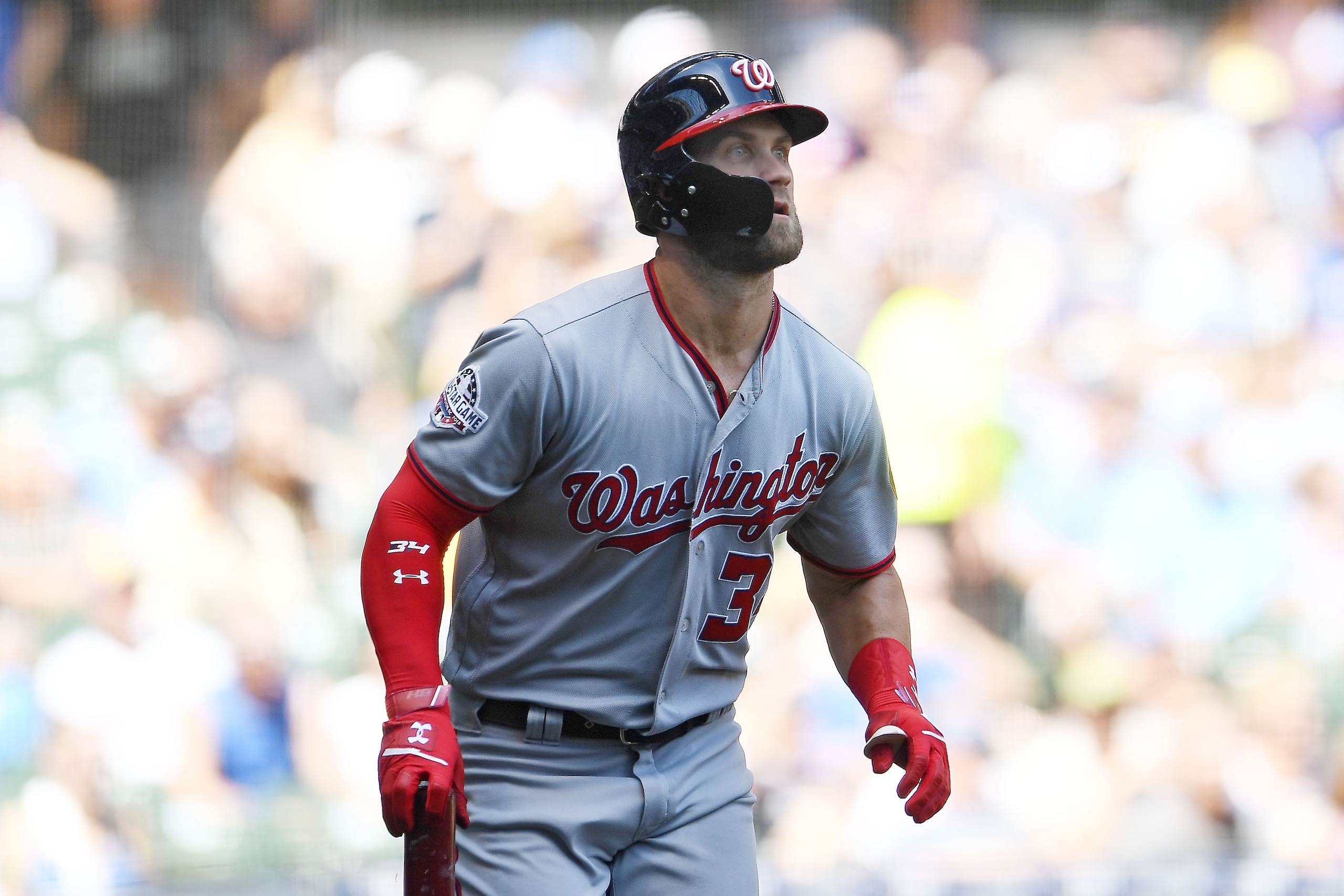 MILWAUKEE, WI - JULY 25:  Bryce Harper #34 of the Washington Nationals hits a home run against the Milwaukee Brewers during a game at Miller Park on July 25, 2018 in Milwaukee, Wisconsin.  (Photo by Stacy Revere/Getty Images)