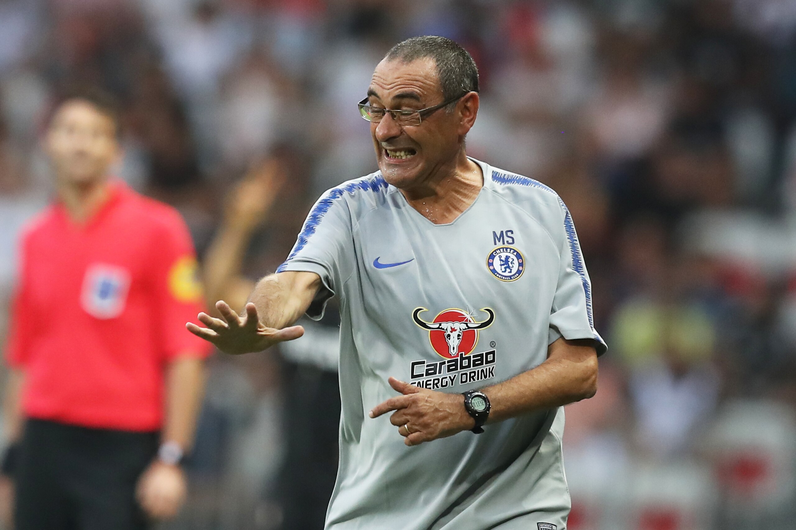 Chelsea new coach Maurizio Sarri reacts during the friendly football match between Chelsea vs Inter Milan on July 28, 2018 at the Allianz Riviera stadium in Nice, southeastern France. (Photo by VALERY HACHE / AFP)        (Photo credit should read VALERY H