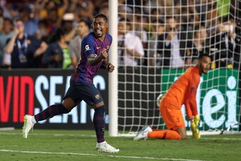 PASADENA, CA - JULY 28:  Malcom #26 of FC Barcelona celebrates after scoring the match winning penalty over Tottenham Hotspur during an International Champions Cup match at Rose Bowl on July 28, 2018 in Pasadena, California.  (Photo by Joe Scarnici/Intern