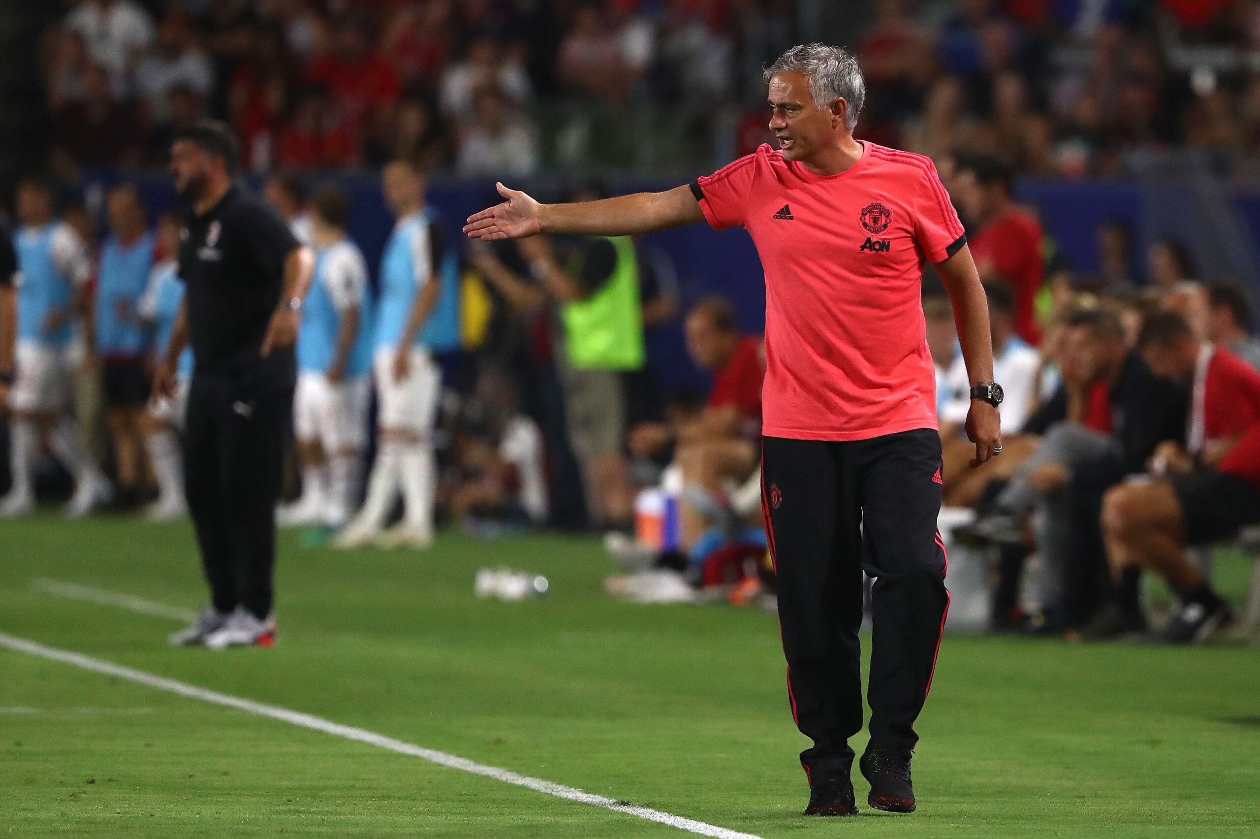 CARSON, CA - JULY 25: Manager Jose Mourinho of Manchester United paces the sideline during the International Champions Cup 2018 match against the AC Milan at StubHub Center on July 25, 2018 in Carson, California. Manchester United defeated AC Milan 9-8 on