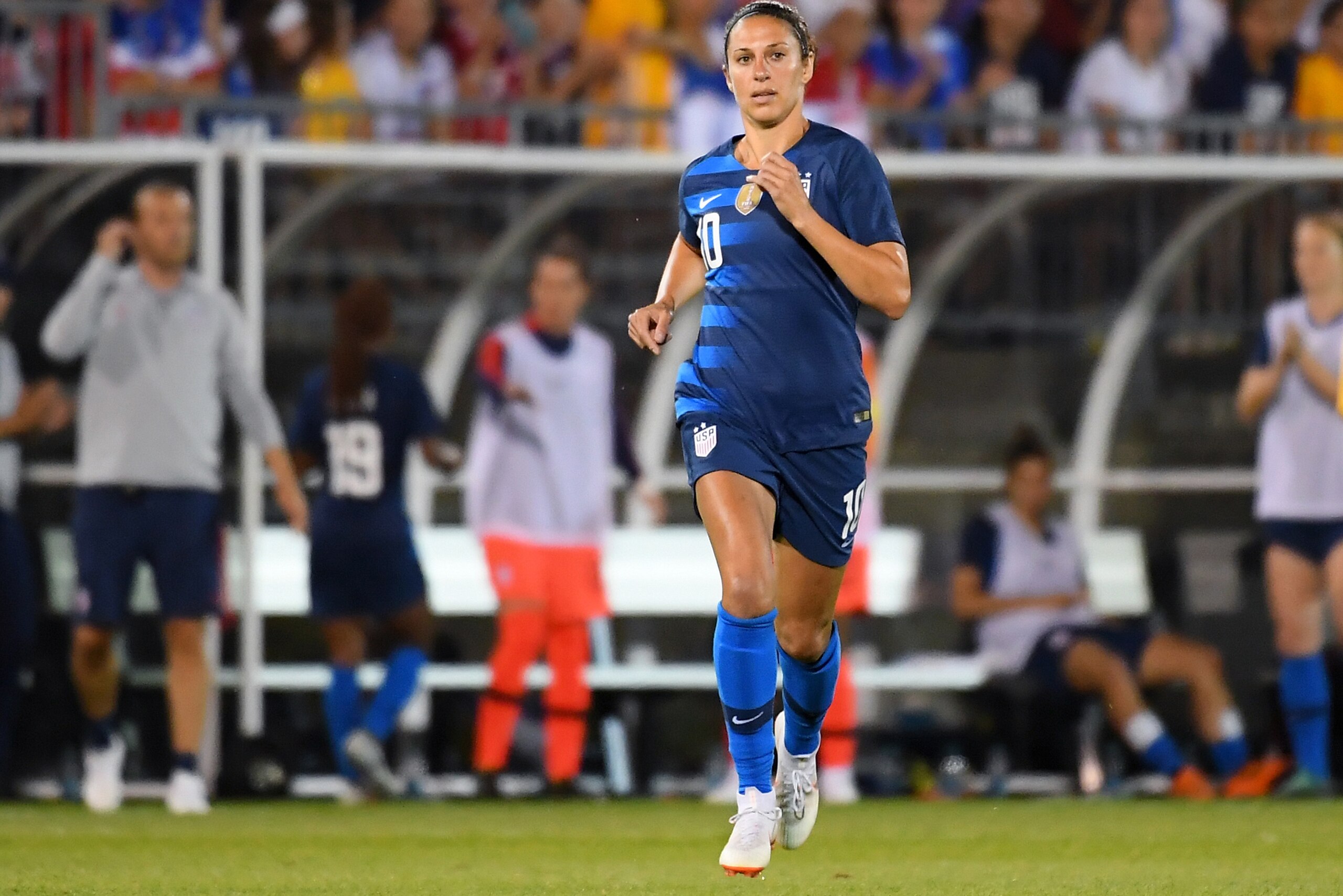 EAST HARTFORD, CT - JULY 29:  Carli Lloyd #10 of the United States jogs on the field against Australia during the second half of a Tournament of Nations game played at Pratt & Whitney Stadium on July 29, 2018 in East Hartford, Connecticut. Australia and t