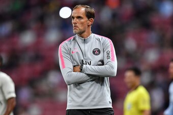 SINGAPORE - JULY 30: Thomas Tuchel Manager of Paris Saint German looks during the International Champions Cup match between Paris Saint Germain and Clu b de Atletico Madrid at the National Stadium on July 30, 2018 in Singapore.  (Photo by Thananuwat Srira