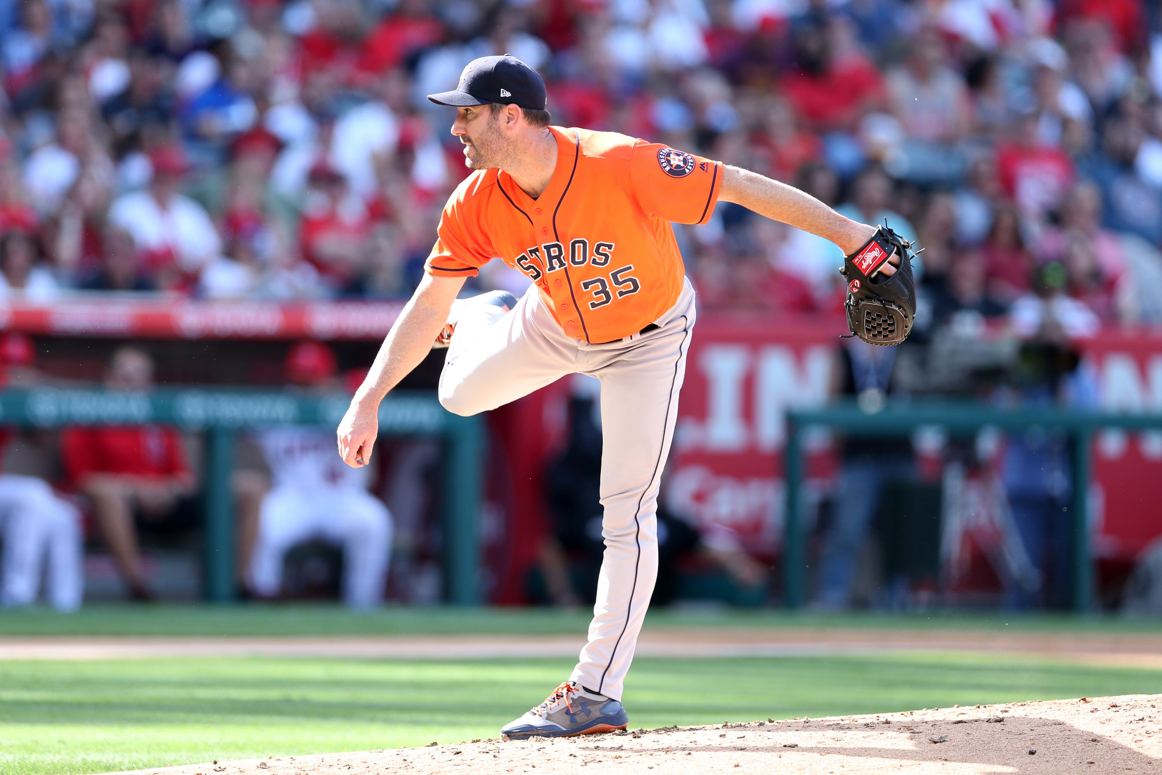 ANAHEIM, CA - JULY 21:  Justin Verlander #35 of the Houston Astros pitches during the game against the Los Angeles Angels at Angel Stadium on July 21, 2018 in Anaheim, California.  The Astros defeated the Angels 7-0.  (Photo by Rob Leiter/MLB Photos via G