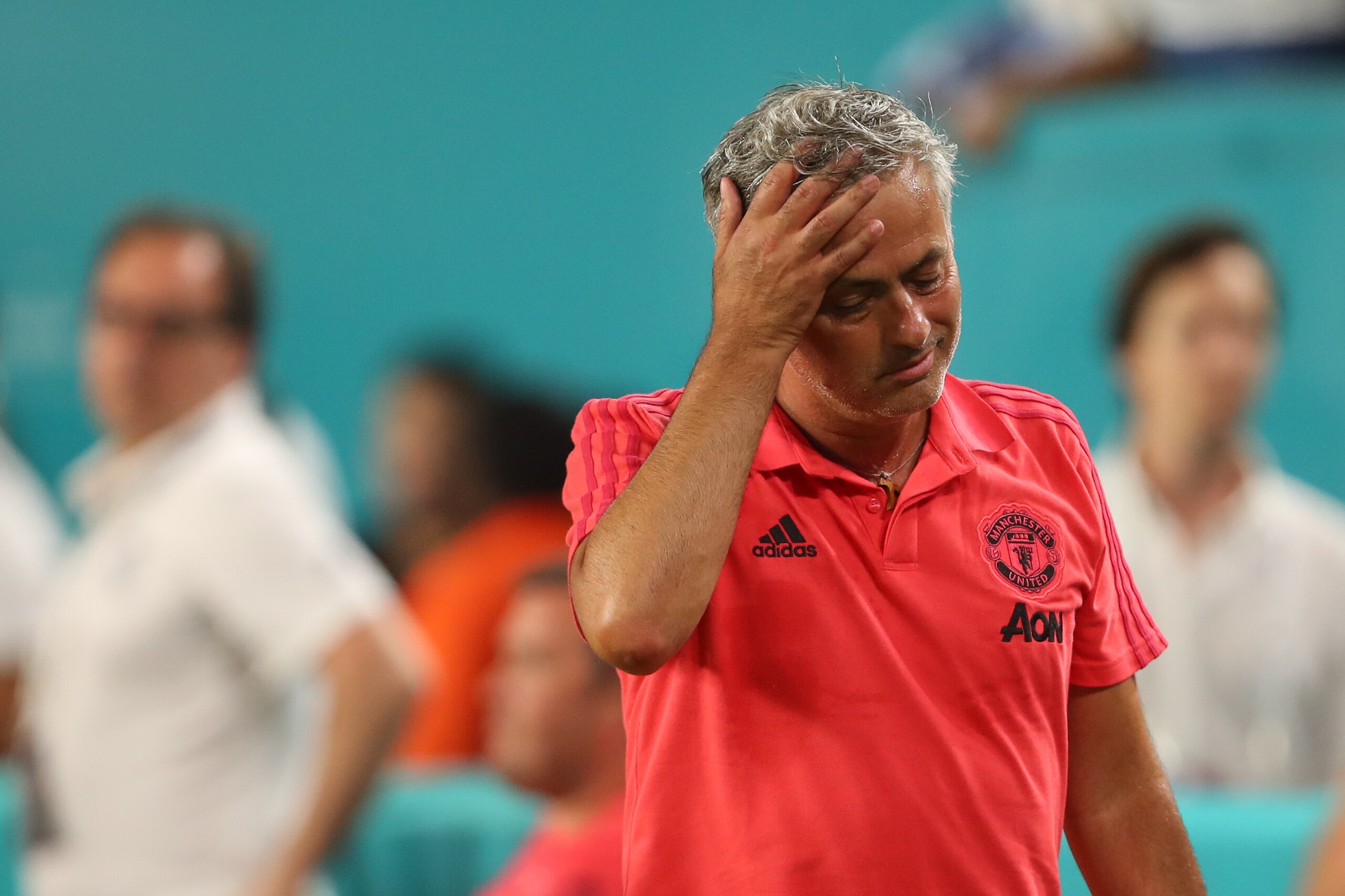 MIAMI, FL - JULY 31: A dejected Jose Mourinho the head coach / manager of Manchester United at full time during the International Champions Cup 2018 fixture between Manchester United v Real Madrid at Hard Rock Stadium on July 31, 2018 in Miami, Florida. ( MIAMI, FL - JULY 31: A dejected Jose Mourinho the head coach / manager of Manchester United at full time during the International Champions Cup 2018 fixture between Manchester United v Real Madrid at Hard Rock Stadium on July 31, 2018 in Miami, Florida. (