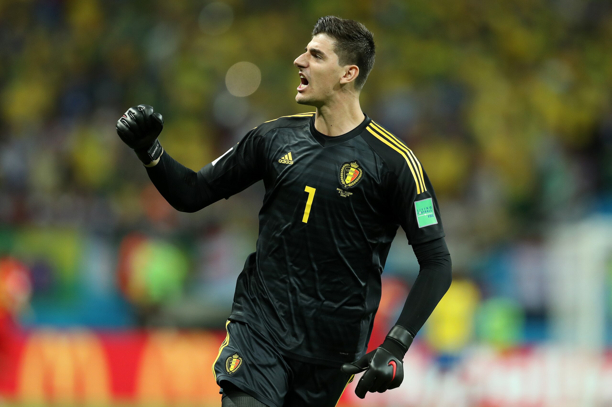 KAZAN, RUSSIA - JULY 06:  Thibaut Courtois of Belgium celebrates his team's second goal  during the 2018 FIFA World Cup Russia Quarter Final match between Brazil and Belgium at Kazan Arena on July 6, 2018 in Kazan, Russia.  (Photo by Catherine Ivill/Getty