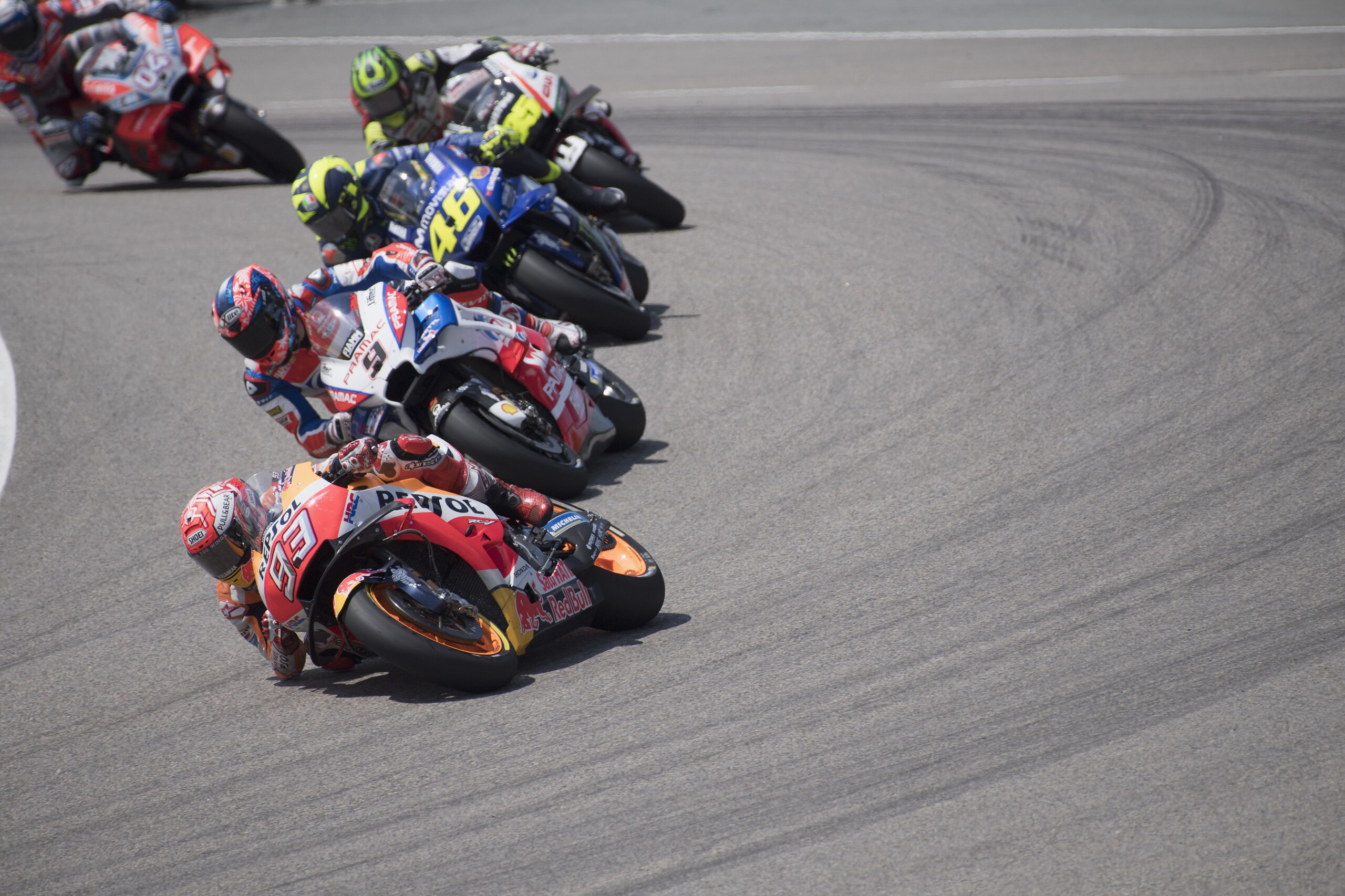 HOHENSTEIN-ERNSTTHAL, GERMANY - JULY 15:  Marc Marquez of Spain and Repsol Honda Team leads the field during the MotoGP race during the MotoGp of Germany - Race at Sachsenring Circuit on July 15, 2018 in Hohenstein-Ernstthal, Germany.  (Photo by Mirco Laz