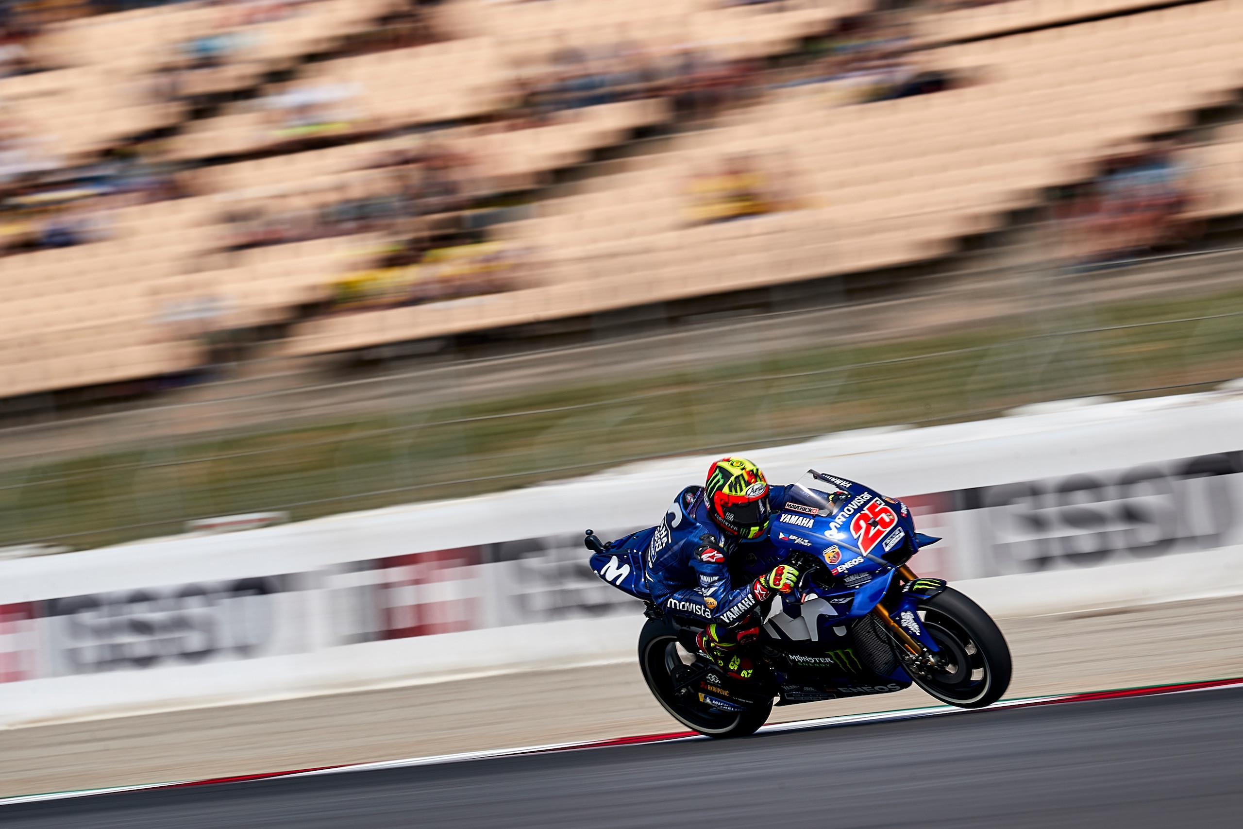 MONTMELO, SPAIN - JUNE 16:  Maverick Vinales of Spain and Movistar Yamaha MotoGP rides during free practice for the MotoGP of Catalunya at Circuit de Catalunya on at Circuit de Catalunya on June 16, 2018 in Montmelo, Spain.  (Photo by Quality Sport Images