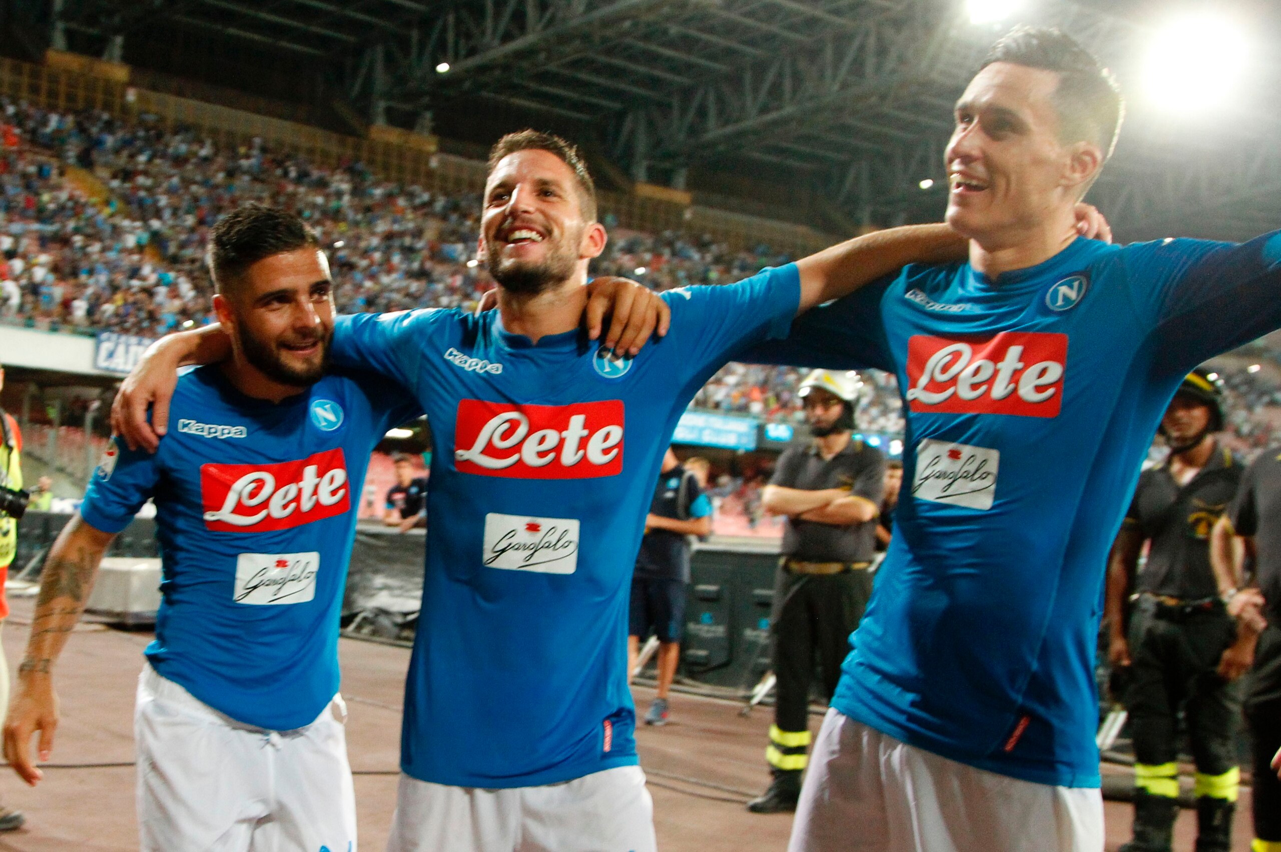 Napoli's Italian forward Lorenzo Insigne (L), Napoli's Belgian forward Dries Mertens (C) and Napoli's Spanish forward Jose Maria Callejon celebrate at the end of the Italian Serie A football match SSC Napoli vs Atalanta BC on August 27, 2017 at the San Pa Napoli's Italian forward Lorenzo Insigne (L), Napoli's Belgian forward Dries Mertens (C) and Napoli's Spanish forward Jose Maria Callejon celebrate at the end of the Italian Serie A football match SSC Napoli vs Atalanta BC on August 27, 2017 at the San Pa