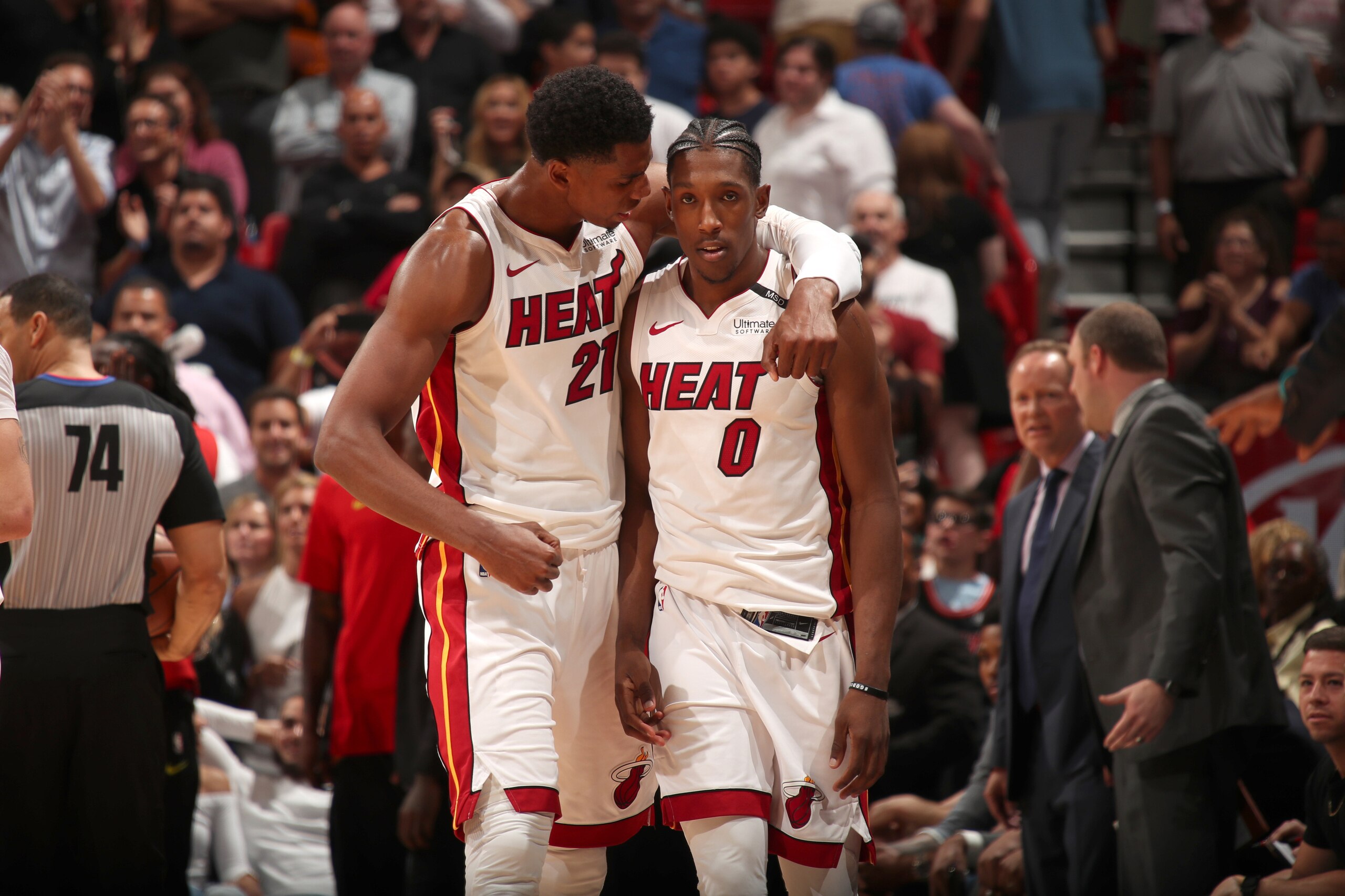 MIAMI, FL - APRIL 3: Hassan Whiteside #21 and Josh Richardson #0 of the Miami Heat during the game against the Atlanta Hawks on April 3, 2018 at American Airlines Arena in Miami, Florida. NOTE TO USER: User expressly acknowledges and agrees that, by downl MIAMI, FL - APRIL 3: Hassan Whiteside #21 and Josh Richardson #0 of the Miami Heat during the game against the Atlanta Hawks on April 3, 2018 at American Airlines Arena in Miami, Florida. NOTE TO USER: User expressly acknowledges and agrees that, by downl
