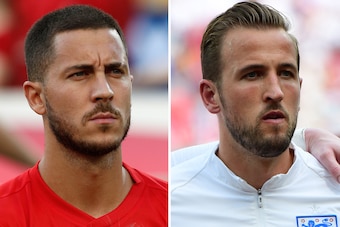 (COMBO) This combination of photos created on July 12, 2018 shows Belgium's forward Eden Hazard in Sochi on June 18, 2018 (L) and England's forward Harry Kane in Nizhny Novgorod on June 24, 2018. - Belgium will play England in their Russia 2018 World Cup 