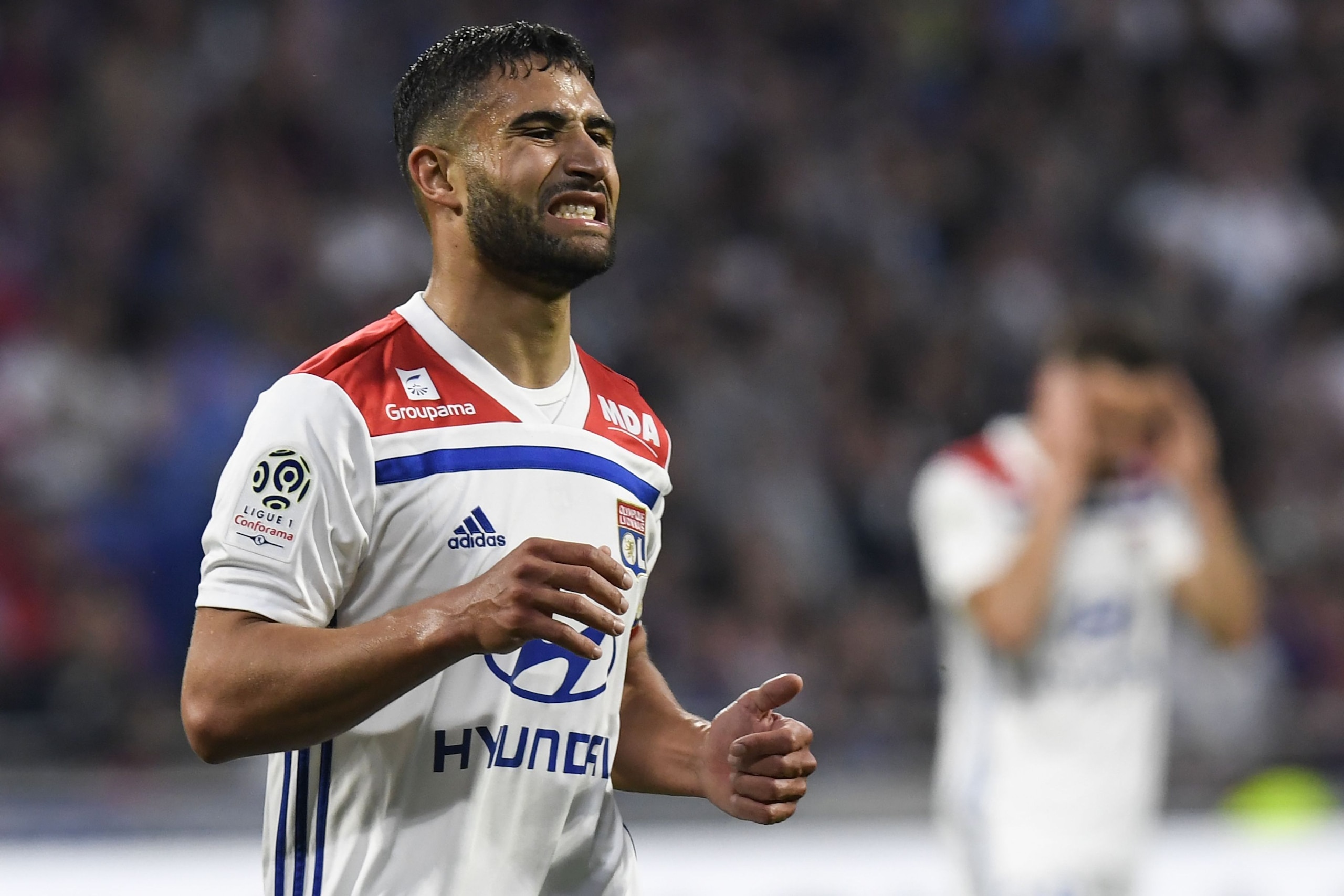 Lyon's French midfielder Nabil Fekir reacts after missing a goal during the French L1 football match between Olympique Lyonnais and OGC Nice, on May 19, 2018, at the Groupama Stadium in Decines-Charpieu near Lyon, central-eastern France. (Photo by PHILIPP