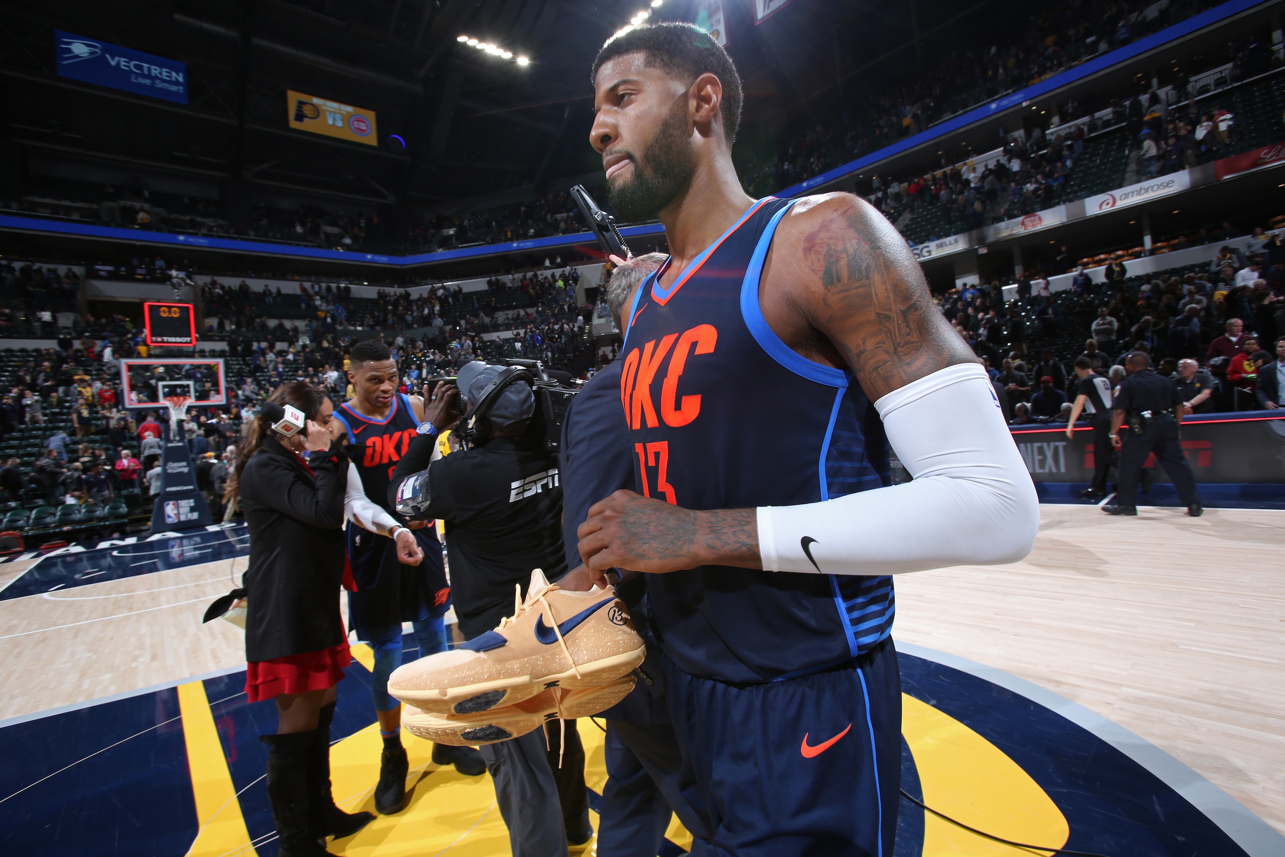 INDIANAPOLIS, IN - DECEMBER 13:  Paul George #13 of the Oklahoma City Thunder stands on the court before the game against the Indiana Pacers on December 13, 2017 at Bankers Life Fieldhouse in Indianapolis, Indiana. NOTE TO USER: User expressly acknowledge