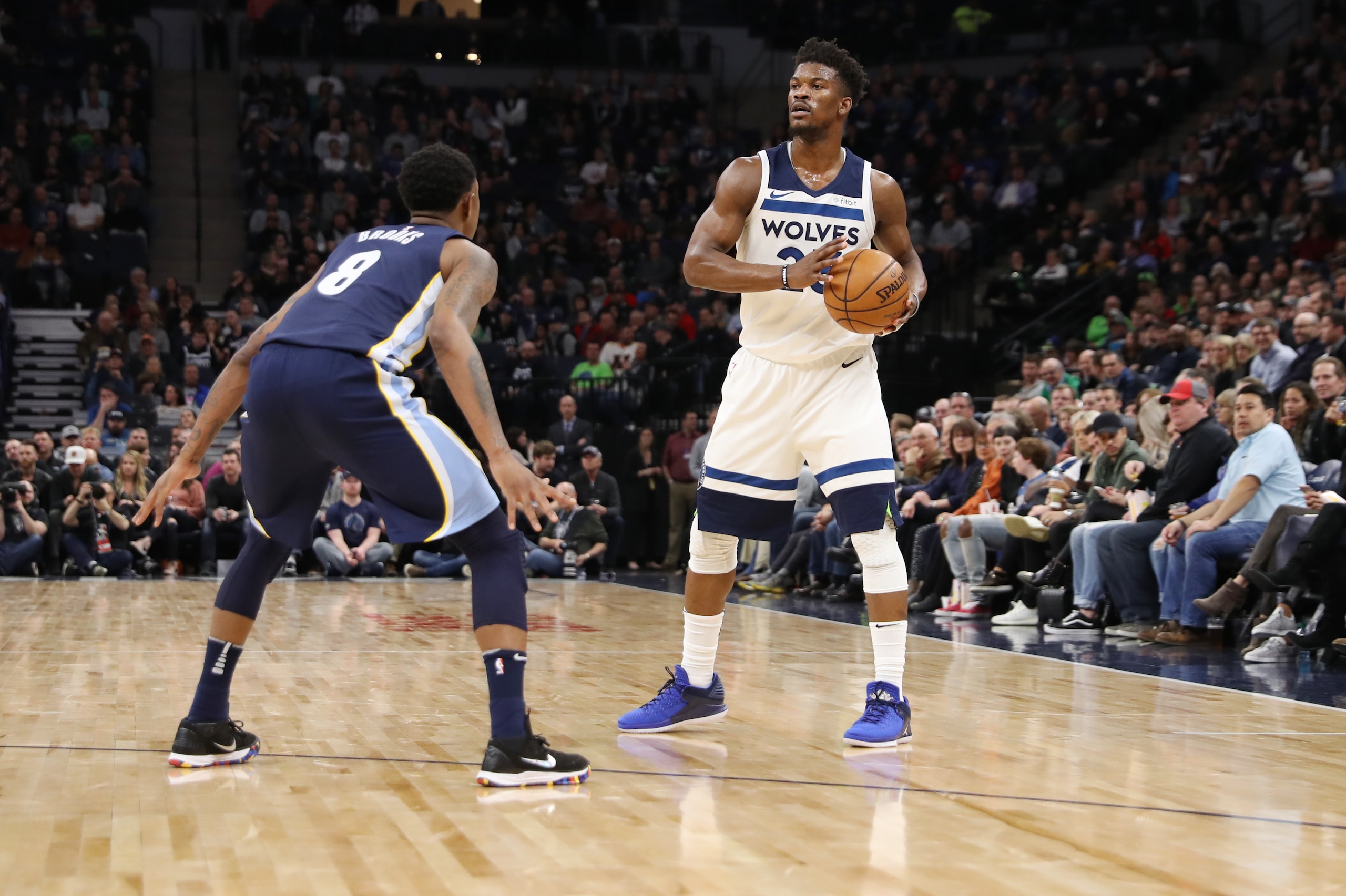 MINNEAPOLIS, MN -  APRIL 9:  Jimmy Butler #23 of the Minnesota Timberwolves handles the ball during the game against the Memphis Grizzlies on April 9, 2018 at Target Center in Minneapolis, Minnesota. NOTE TO USER: User expressly acknowledges and agrees th