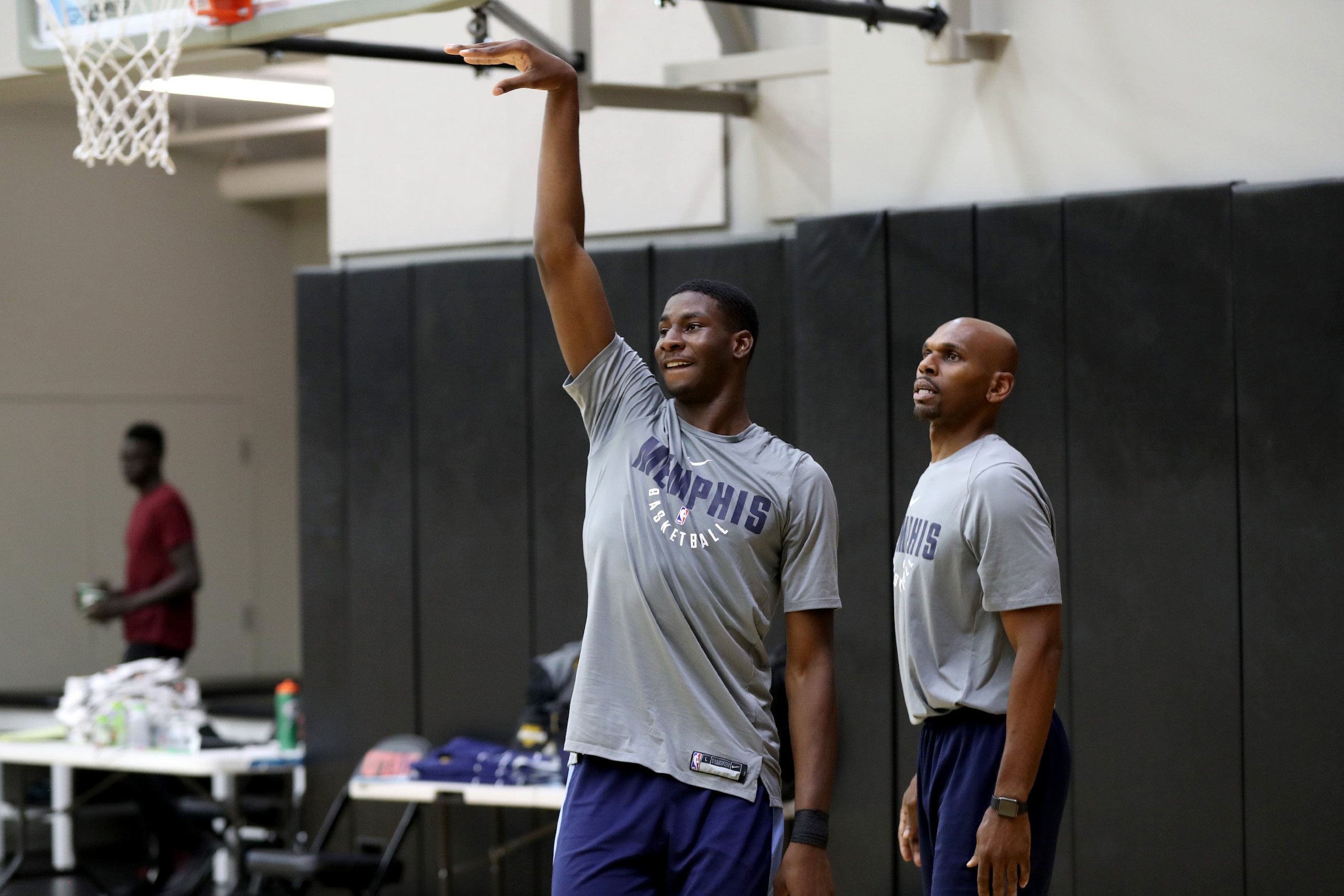 SALT LAKE CITY, UT - JULY 5: Jaren Jackson Jr. #13 and Assistant Coach Jerry Stackhouse of the Memphis Grizzlies during practice on July 5, 2018 at the University of Utah in Salt Lake City, Utah. NOTE TO USER: User expressly acknowledges and agrees that, 
