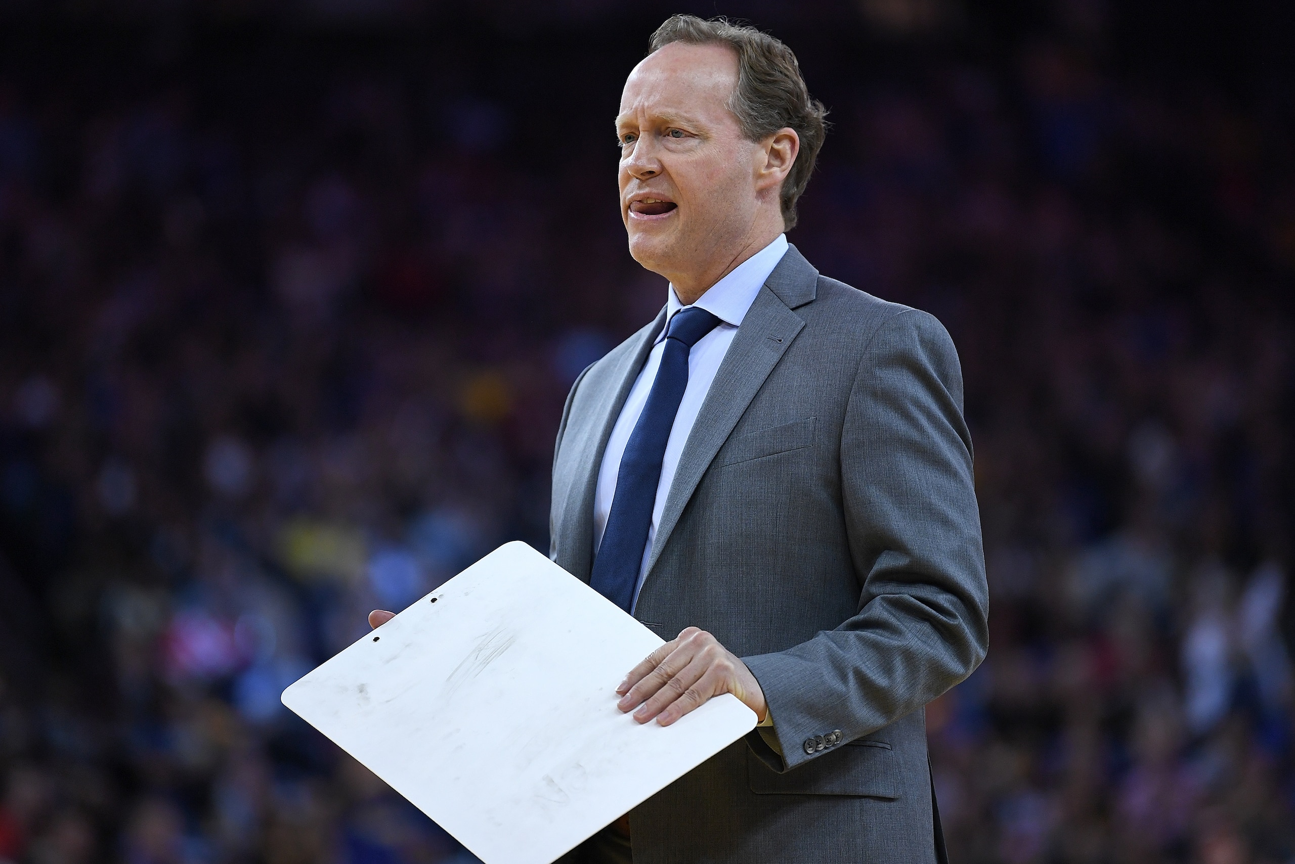 OAKLAND, CA - MARCH 23:  Head coach Mike Budenholzer of the Atlanta Hawks looks on against the Golden State Warriors during an NBA basketball game at ORACLE Arena on March 23, 2018 in Oakland, California. NOTE TO USER: User expressly acknowledges and agre