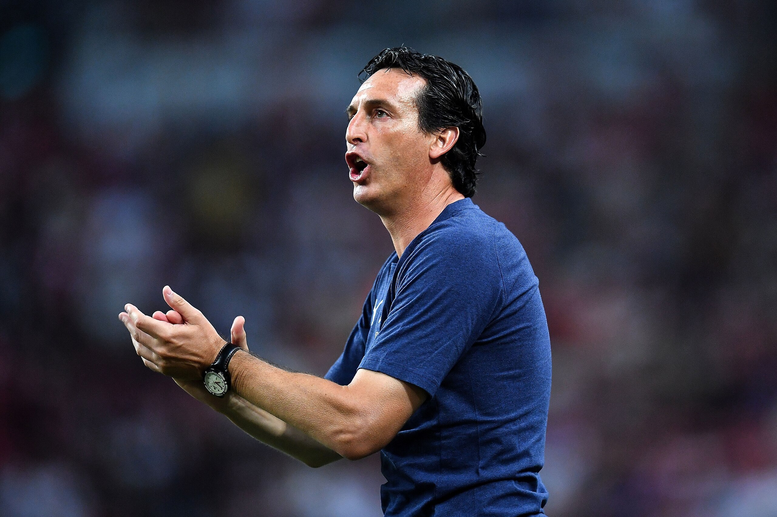 SINGAPORE - JULY 28: Unai Emery head coach of Arsenal reacts during the International Champions Cup match between Arsenal and Paris Saint Germain at the National Stadium on July 28, 2018 in Singapore.  (Photo by Thananuwat Srirasant/Getty Images  for ICC)