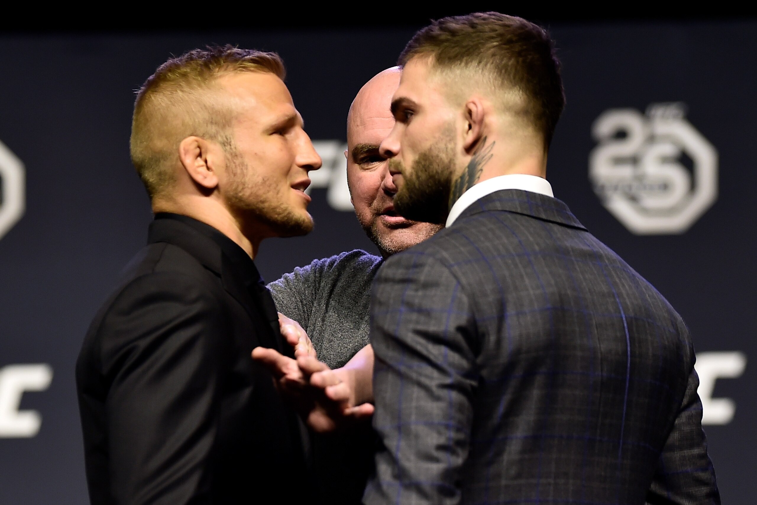 BROOKLYN, NEW YORK - APRIL 06: (L-R) Opponents TJ Dillashaw and Cody Garbrandt face off during the UFC press conference inside Barclays Center on April 6, 2018 in Brooklyn, New York. (Photo by Jeff Bottari/Zuffa LLC/Zuffa LLC via Getty Images) BROOKLYN, NEW YORK - APRIL 06: (L-R) Opponents TJ Dillashaw and Cody Garbrandt face off during the UFC press conference inside Barclays Center on April 6, 2018 in Brooklyn, New York. (Photo by Jeff Bottari/Zuffa LLC/Zuffa LLC via Getty Images)