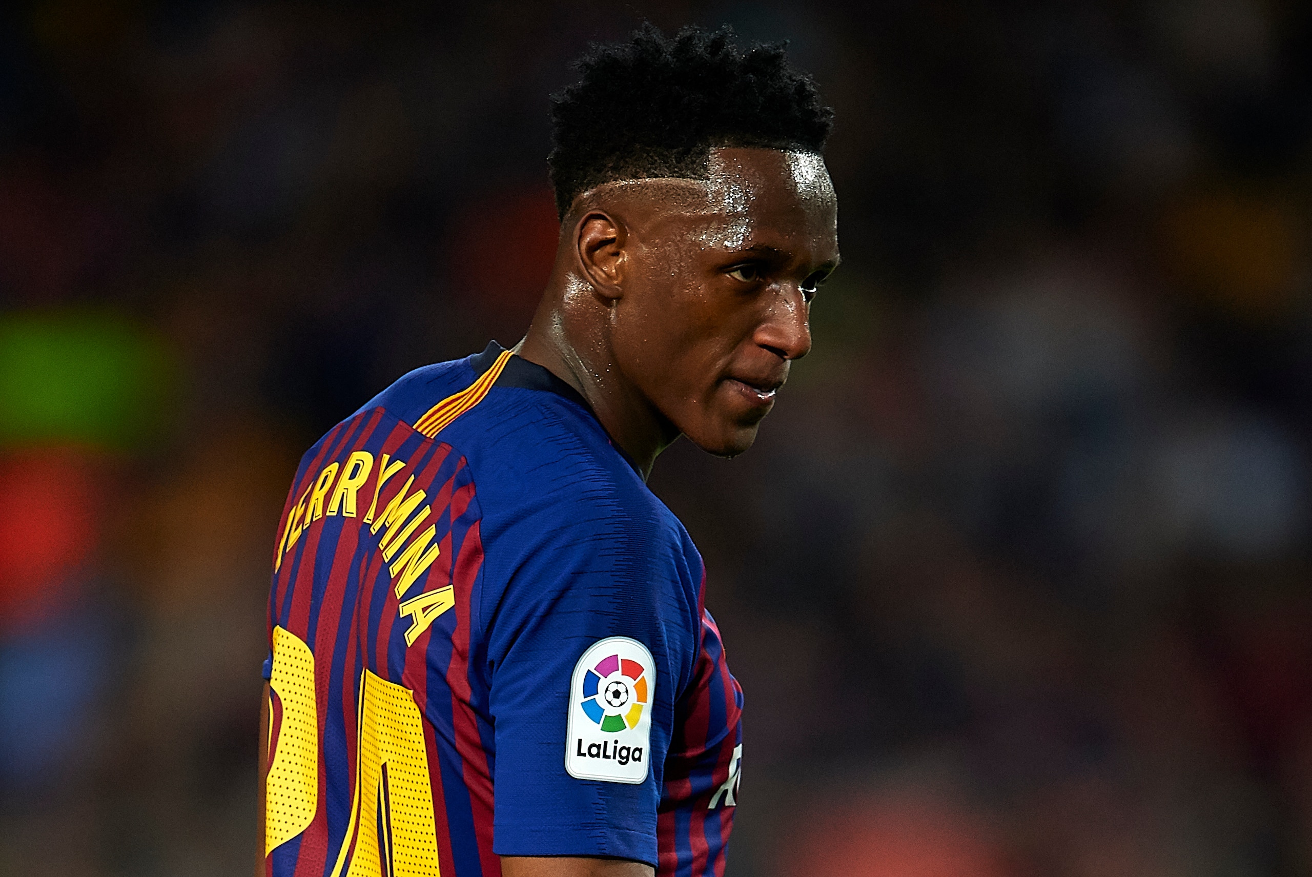 BARCELONA, SPAIN - MAY 20:  Yerry Mina of Barcelona looks on during the La Liga match between Barcelona and Real Sociedad at Camp Nou on May 20, 2018 in Barcelona, Spain.  (Photo by Quality Sport Images/Getty Images)