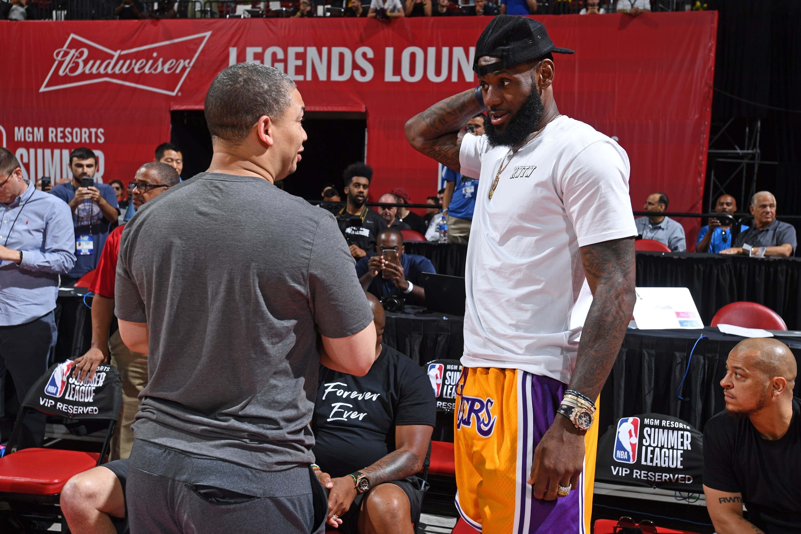 LAS VEGAS, NV - JULY 15: Tyronn Lue of the Cleveland Cavaliers and LeBron James of the Los Angeles Lakers greet each other during the 2018 Las Vegas Summer League on July 15, 2018 at the Thomas & Mack Center in Las Vegas, Nevada. NOTE TO USER: User expres