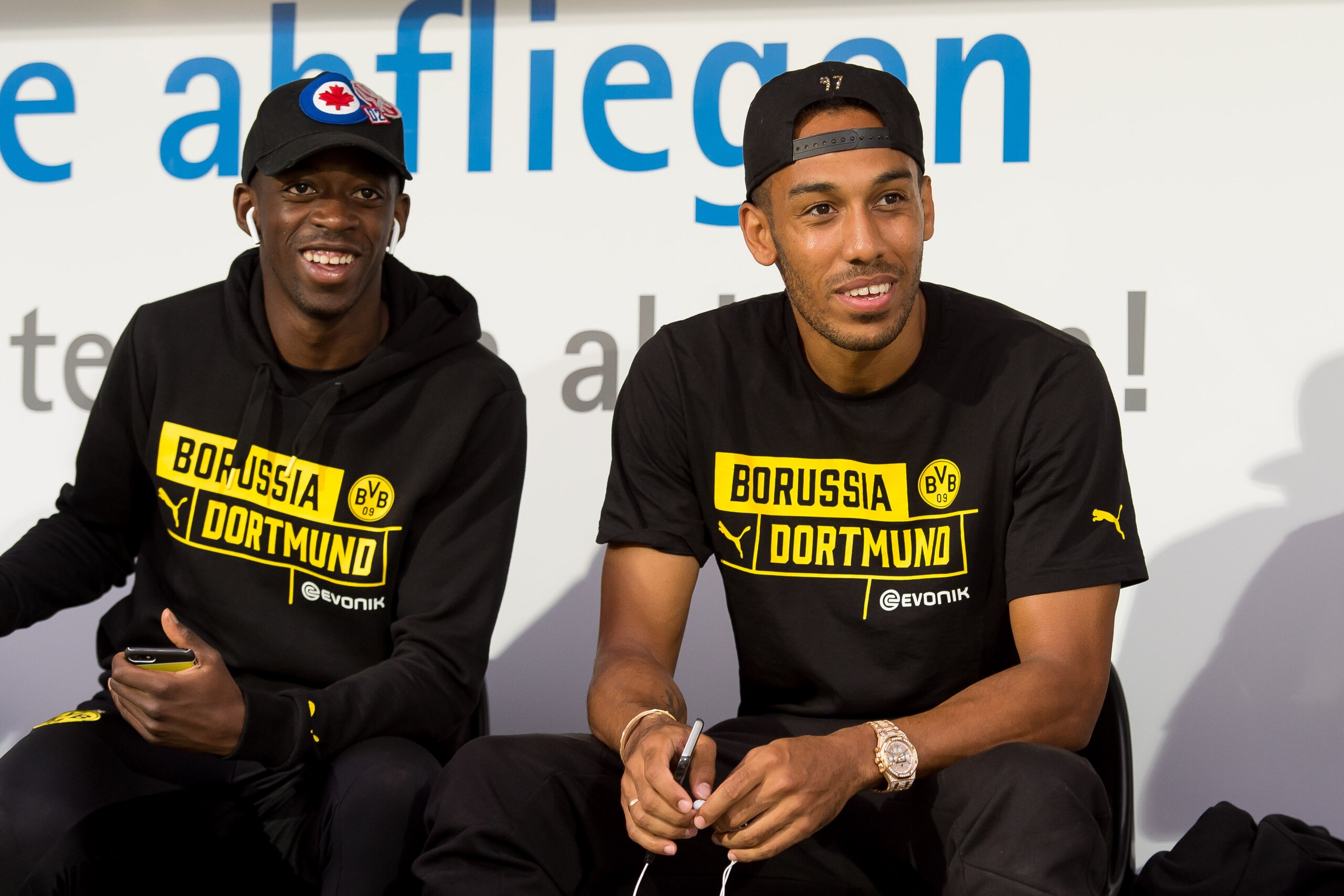 ALTACH, SWITZERLAND - AUGUST 01: Ousmane Dembele of Dortmund and Pierre-Emerick Aubameyang of Dortmund laughs during a friendly match between Borussia Dortmund and Atalanta Bergamo as part of the training camp on August 01, 2017 in Altach, Switzerland. (P ALTACH, SWITZERLAND - AUGUST 01: Ousmane Dembele of Dortmund and Pierre-Emerick Aubameyang of Dortmund laughs during a friendly match between Borussia Dortmund and Atalanta Bergamo as part of the training camp on August 01, 2017 in Altach, Switzerland. (P