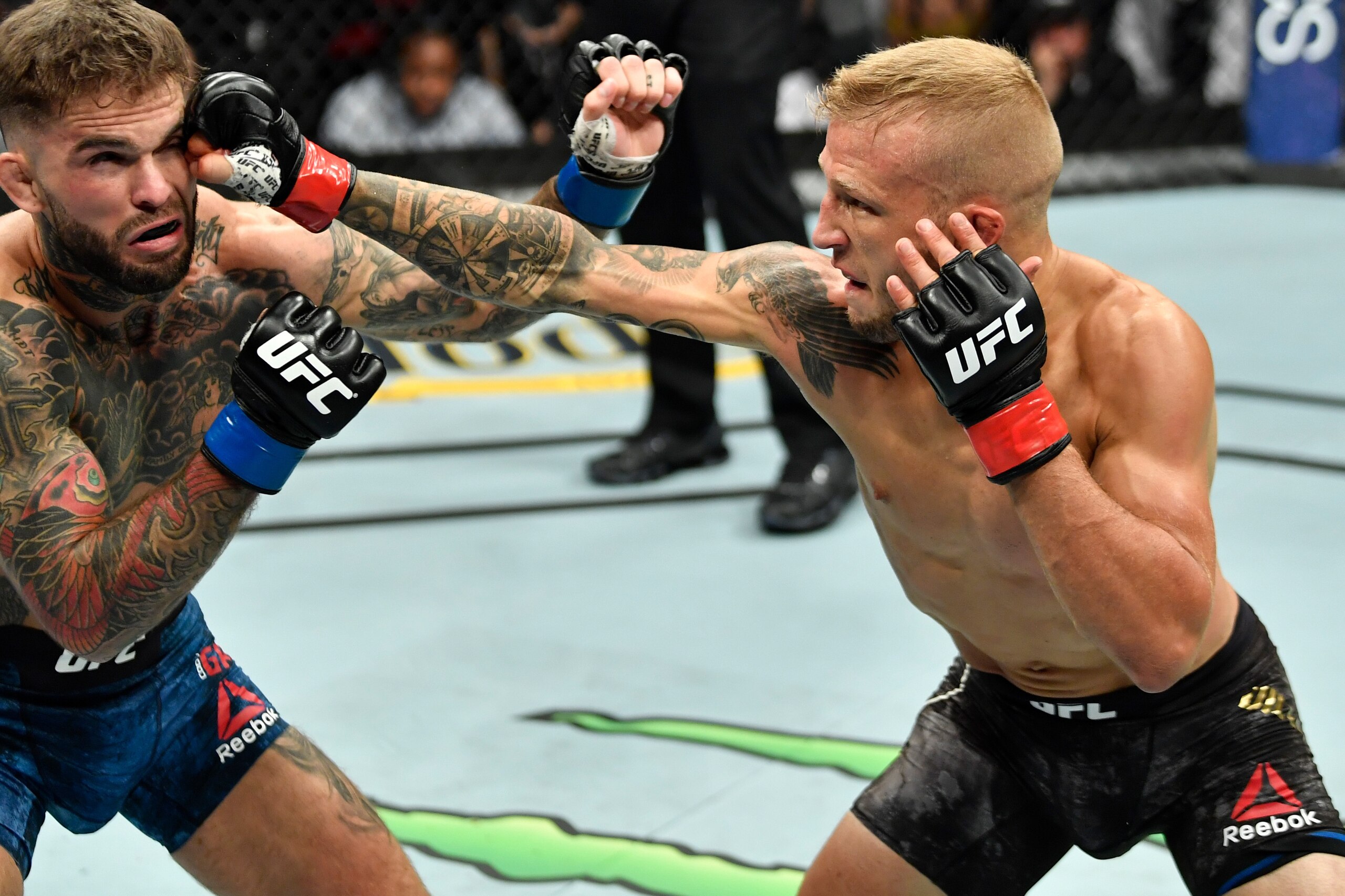 LOS ANGELES, CA - AUGUST 04:  (R-L) TJ Dillashaw punches Cody Garbrandt in their UFC bantamweight championship fight during the UFC 227 event inside Staples Center on August 4, 2018 in Los Angeles, California. (Photo by Jeff Bottari/Zuffa LLC/Zuffa LLC vi