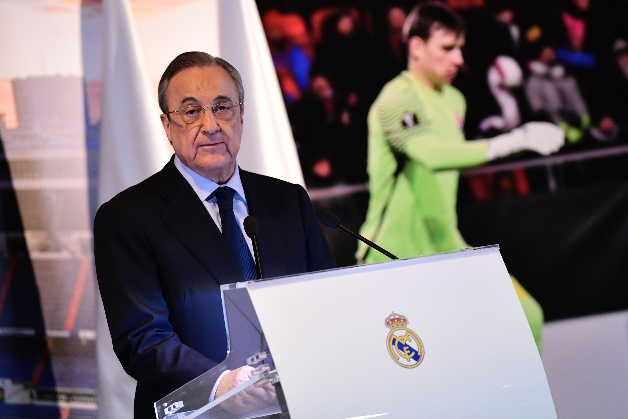 Real Madrid president Florentino Perez speaks during the official presentation of Real Madrid's new Ukrainian goalkeeper Andriy Lunin (picture) at the Santiago Bernabeu Stadium in Madrid on July 23, 2018. (Photo by JAVIER SORIANO / AFP) (Photo cred Real Madrid president Florentino Perez speaks during the official presentation of Real Madrid's new Ukrainian goalkeeper Andriy Lunin (picture) at the Santiago Bernabeu Stadium in Madrid on July 23, 2018. (Photo by JAVIER SORIANO / AFP) (Photo cred