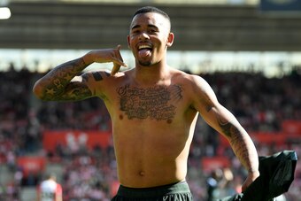 SOUTHAMPTON, ENGLAND - MAY 13:  Gabriel Jesus of Manchester City celebrates scoring his sides first goal during the Premier League match between Southampton and Manchester City at St Mary's Stadium on May 13, 2018 in Southampton, England.  (Photo by Mike 